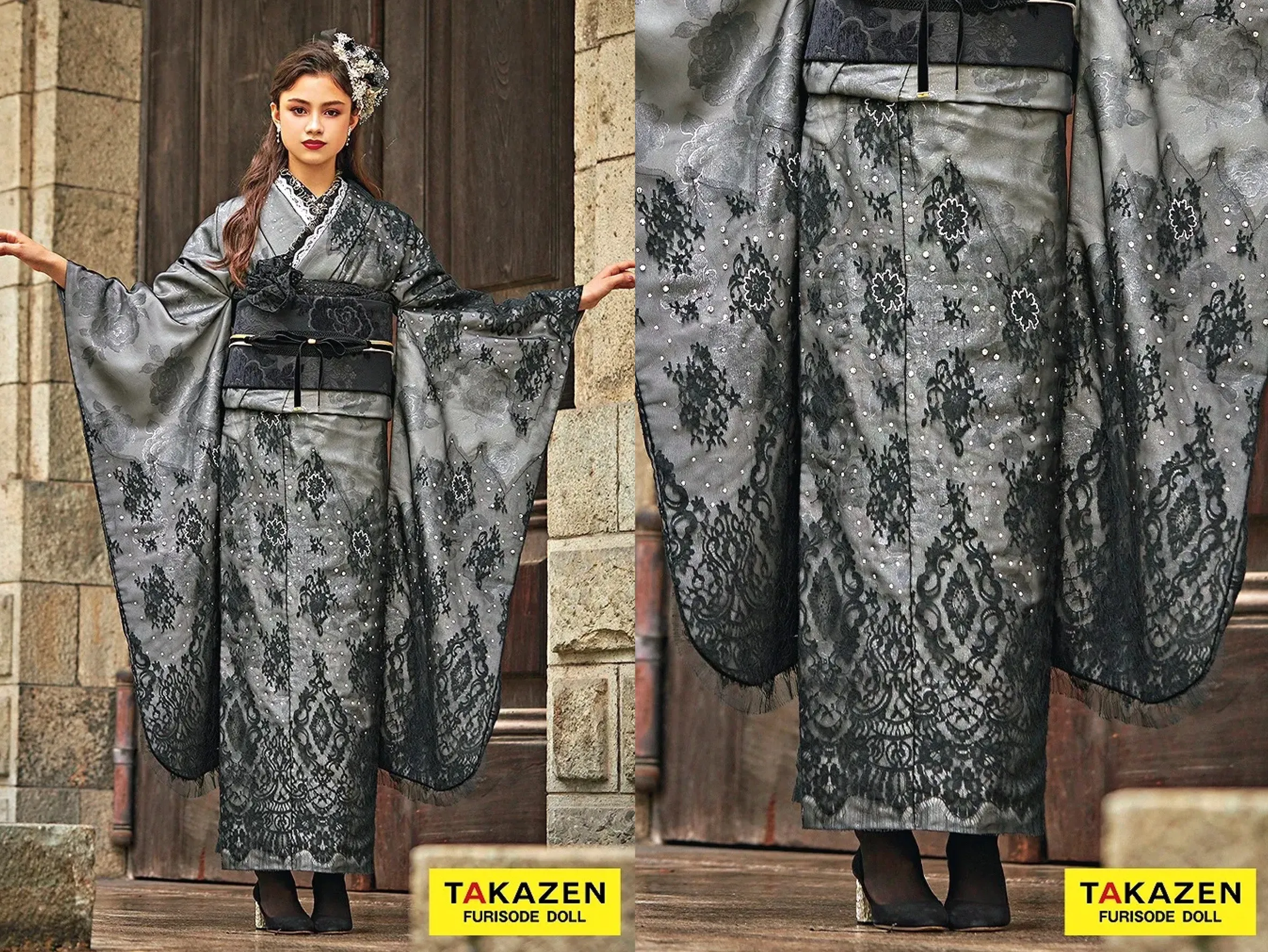 TAKAZEN奈良店　振袖レンタル奈良　成人式振袖　ニュースタイルデビュー“ブラックレーベル”　黒/ブラック　最高級リバーレース　セレブ　キラキラスワロフスキー付き　オーガンジー振袖　【通販可】24076