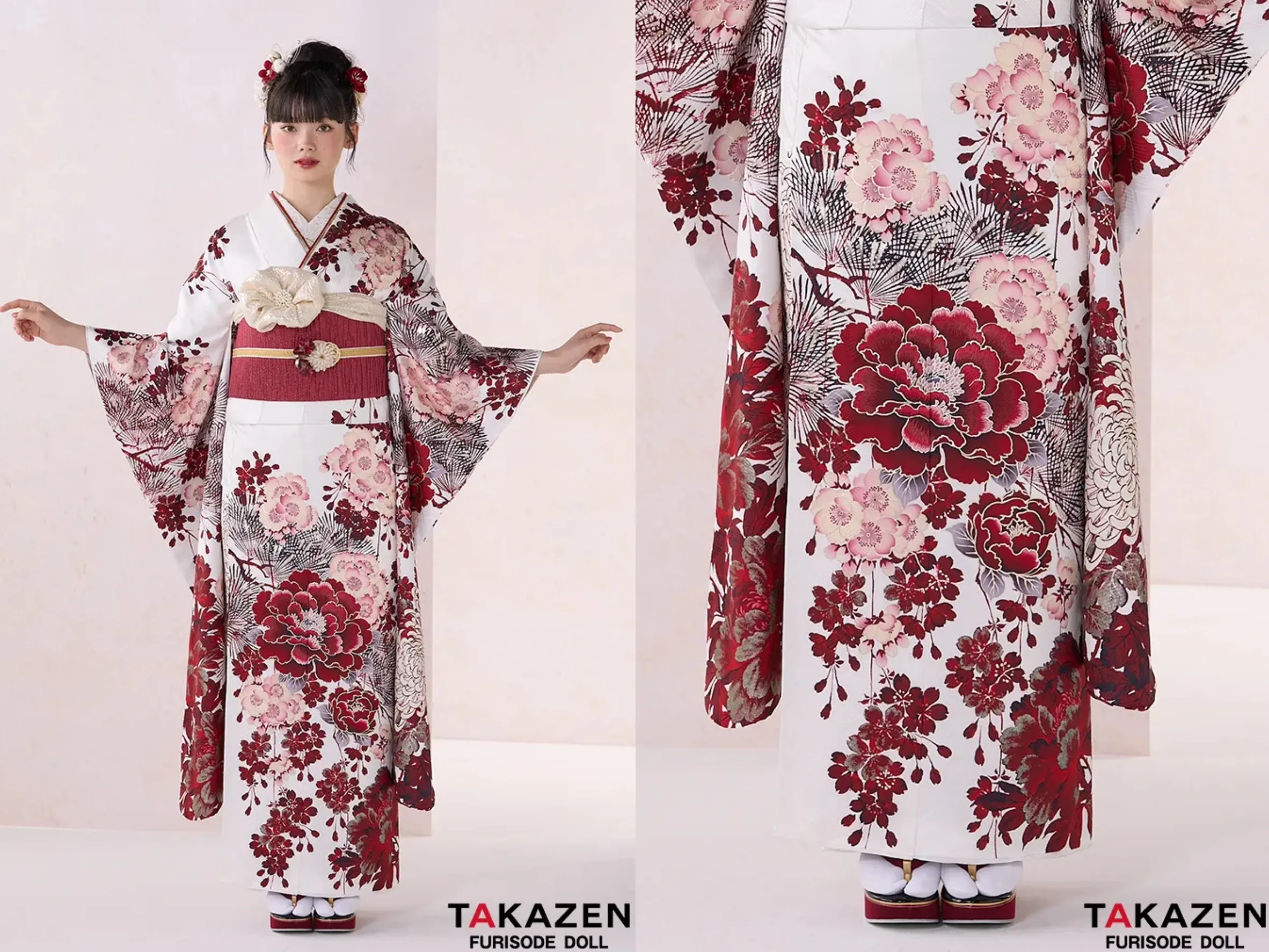 TAKAZEN奈良店　成人式振袖　振袖レンタル奈良　正統派古典　華徒然×吉木千沙都　白/赤　牡丹柄　TAKAZENオリジナルカラー　綺麗　お洒落　大人っぽい　南琴奈【通販可】26019