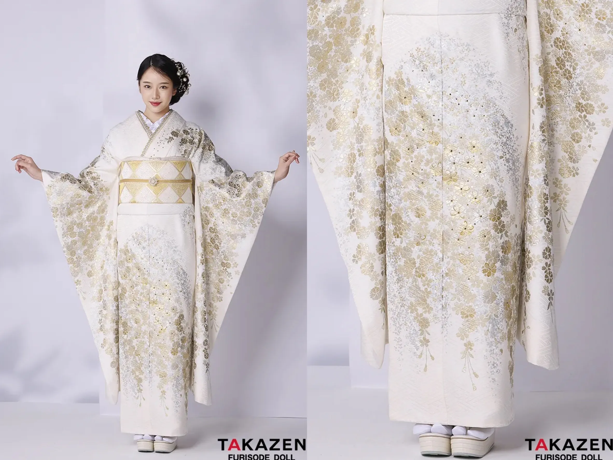 TAKAZEN奈良店　振袖レンタル奈良　成人式振袖　最高級古典柄振袖　関芳/最高級金駒金彩刺繍友禅　白/金　桜柄　キラキラ　上品　正絹　スワロフスキー付き　透明感のある　天翔天音【通販可】24039