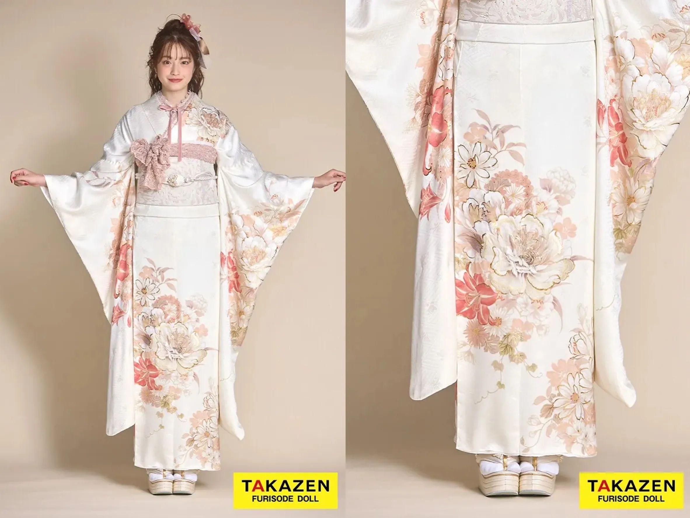 TAKAZEN奈良店　振袖レンタル奈良　成人式振袖　最新作くすみカラーガーリー　白/サーモンピンク/　百合柄　かわいい　すっきり　シンプル　フェミニンな振袖　リボン小物コーデ　葛西杏也菜【通販可】26060