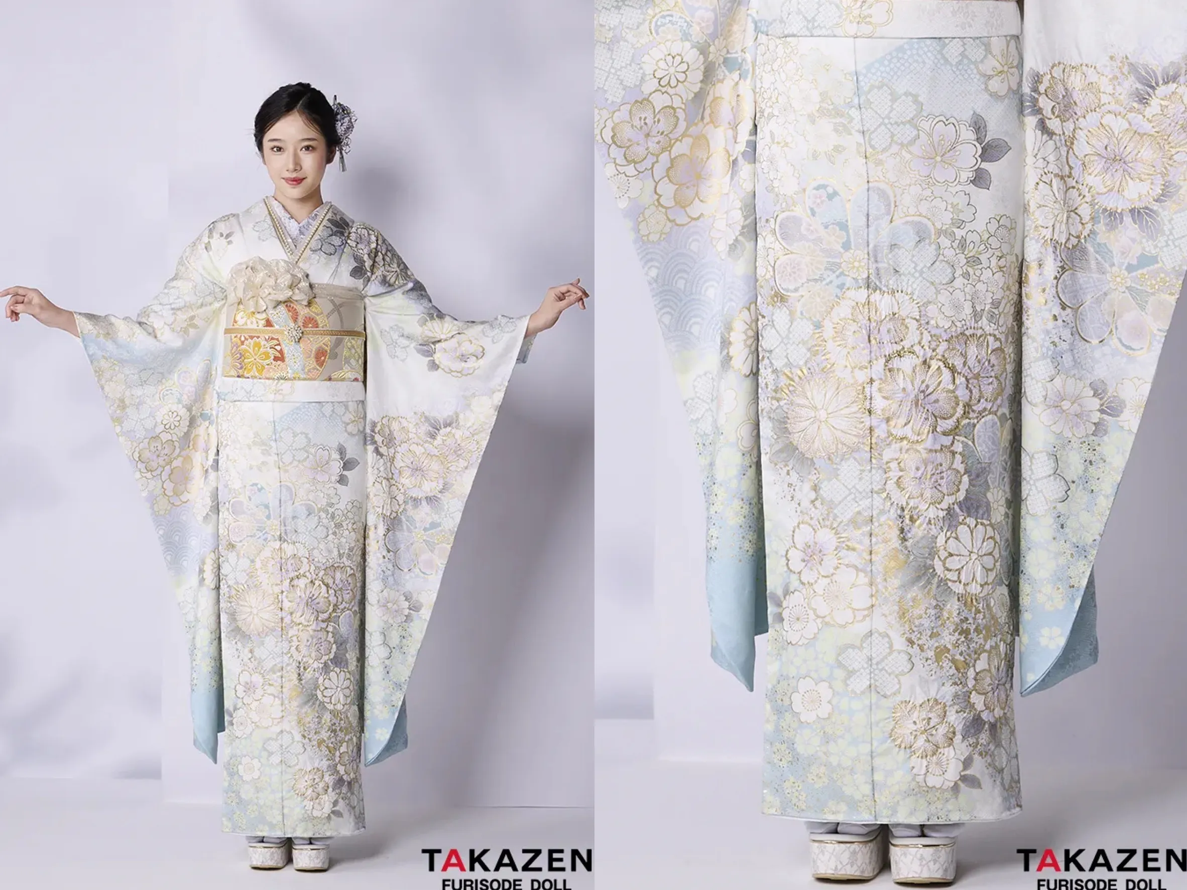 振袖　レンタル　奈良　最高級古典柄振袖　関芳/最高級金彩刺繍絞り友禅　水色/白/淡い色　おしとやか　上品　透明感のある振袖　天翔天音