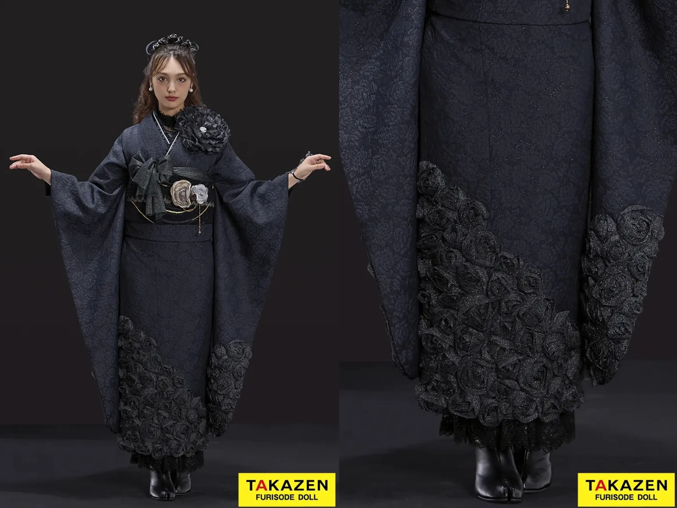 TAKAZEN奈良　振袖レンタル奈良　奈良　振袖　最新作ヘップバーンローズ　黒　薔薇付き　立体花　ラグジュアリー　誰ともかぶらない　レースインナー/ブーツスタイル　オールブラックコーデ　香川るな【通販可】26007