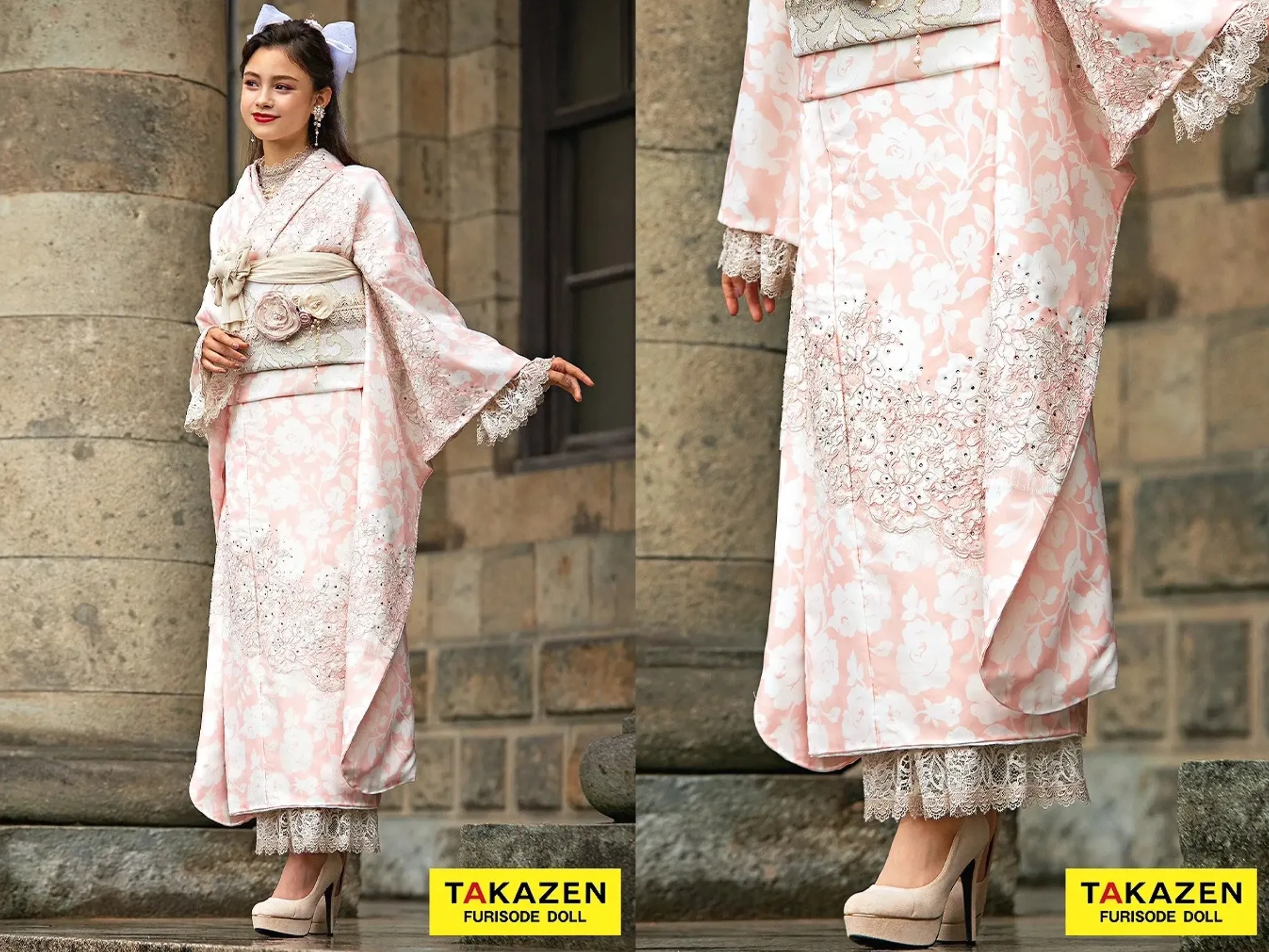 TAKAZEN奈良店　振袖レンタル奈良　成人式振袖　ニュースタイルデビュー“ブラックレーベル”　白/ピンク　最高級リバーレース　レース小物コーデ　ヒールコーデ　オーガンジー振袖　【通販可】24079
