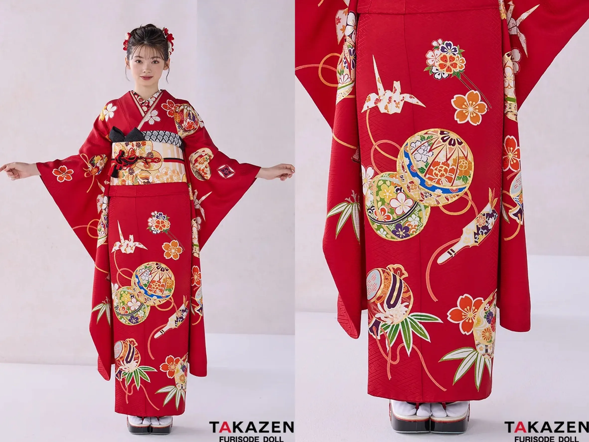 TAKAZEN奈良店　振袖レンタル奈良　成人式振袖　正統派古典　赤/金色(ゴールド) 　鞠柄/打出の小槌　 シンプル 　かわいい　金駒繍京友禅　 落ち着いた振袖　南琴奈【通販可】32055