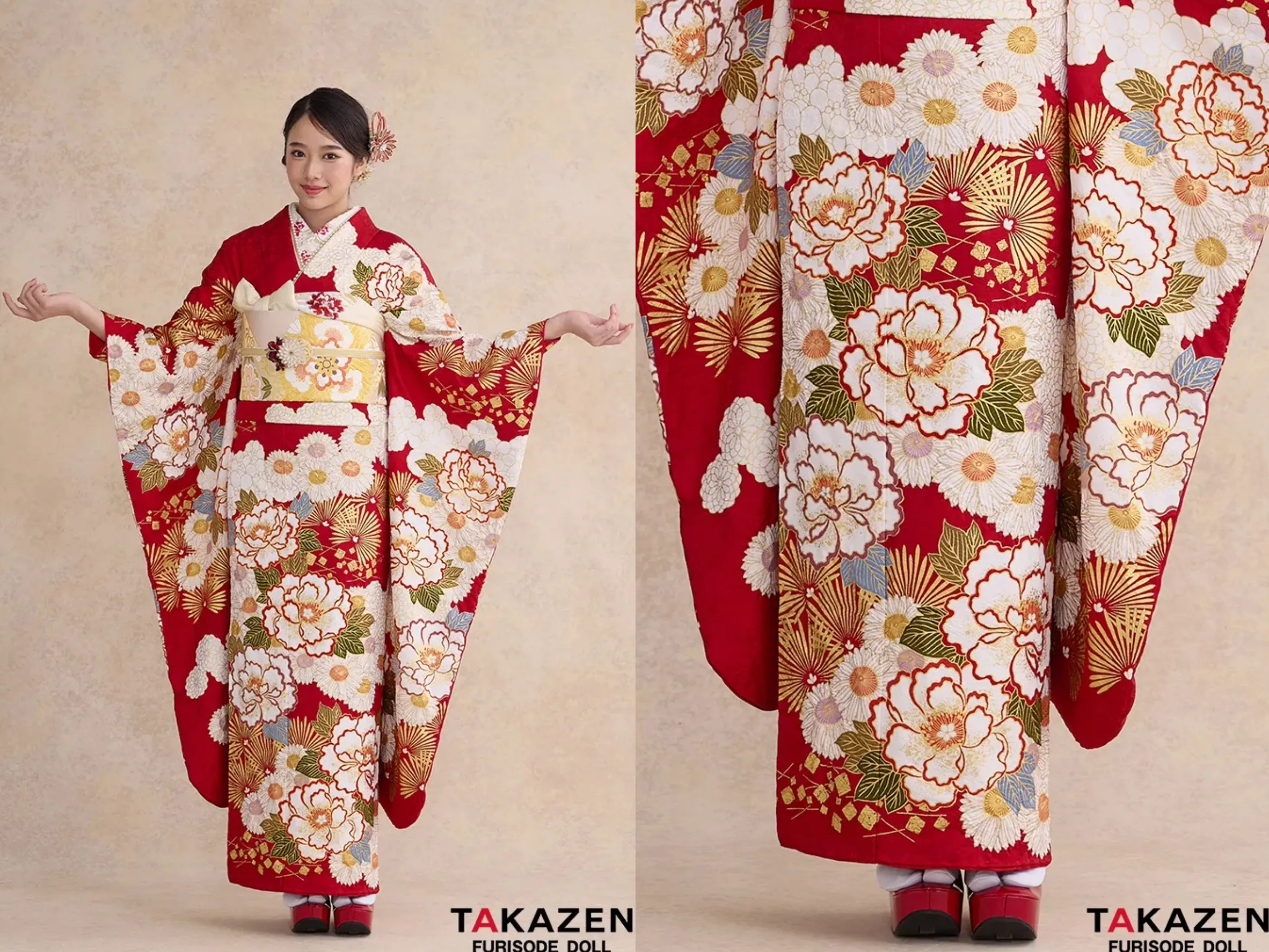 TAKAZEN奈良店　振袖レンタル奈良　成人式振袖　プレミアム古典　滝泰/最高級金彩刺繡絞り友禅　赤　牡丹柄　王道　清楚な振袖　綺麗　高級　天翔天音【通販可】26041