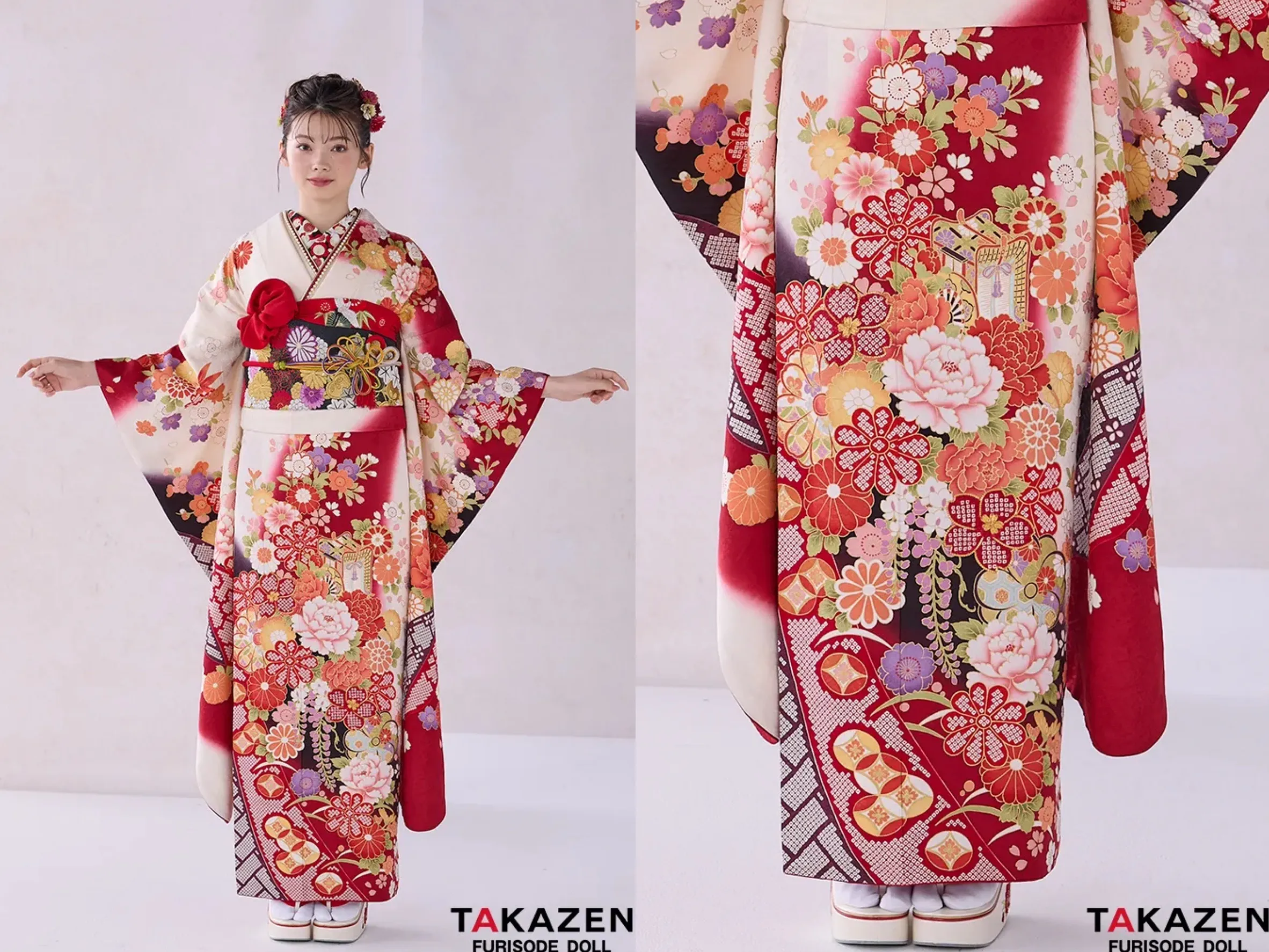 TAKAZEN奈良店　振袖レンタル奈良　成人式振袖　正統派古典　赤/黒/白　御所車柄/牡丹柄　人気　上品　可愛い　伝統的古典　清楚　最高級金彩刺繍絞り友禅　南琴奈【通販可】32054