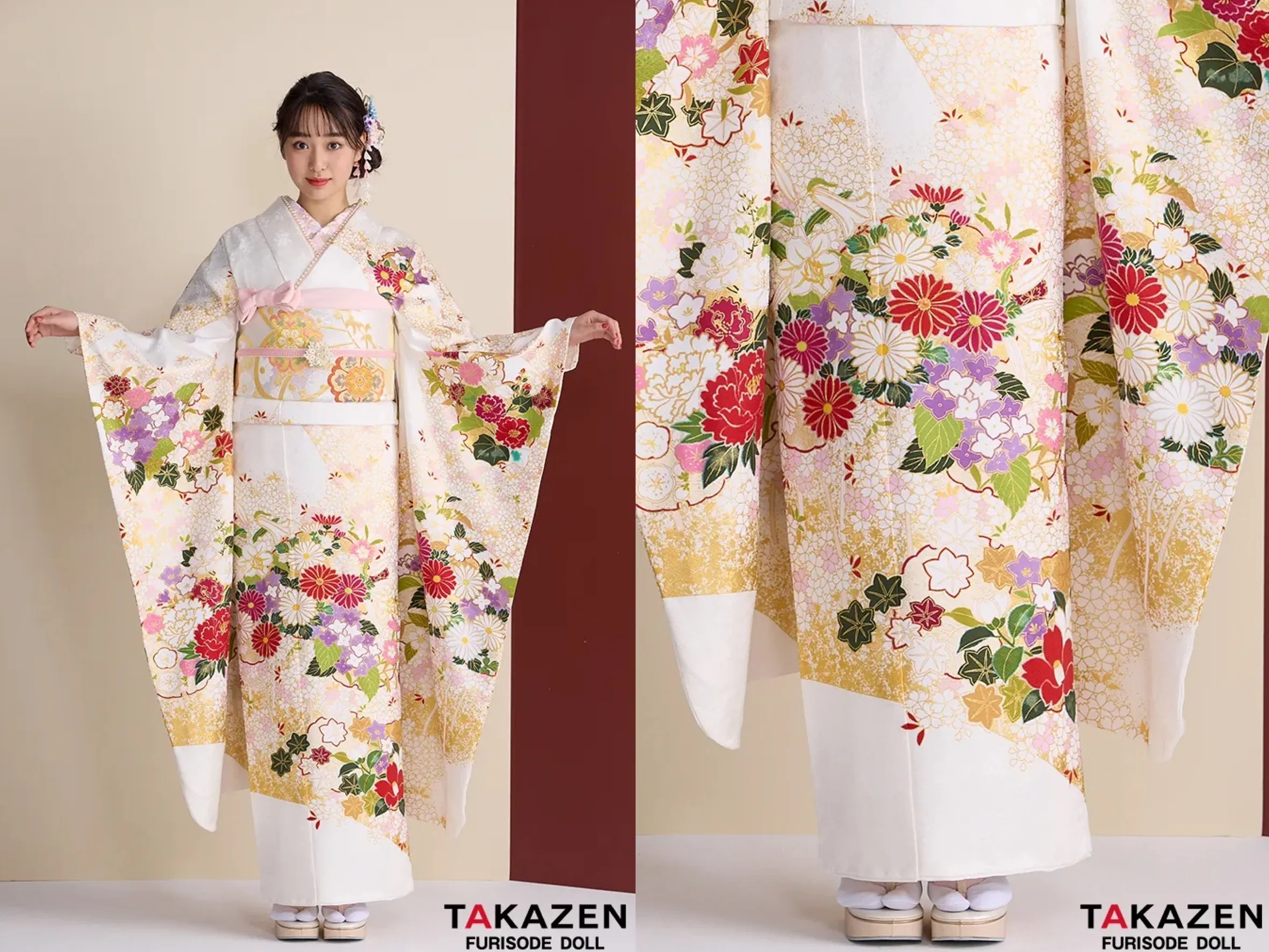 TAKAZEN奈良店　振袖レンタル奈良　成人式振袖　プレミアム古典　青柳/最高級絞り手描友禅　白　菊柄　上品な振袖　綺麗　柄小さめ　かわいらしい　藤岡舞衣【通販可】26047