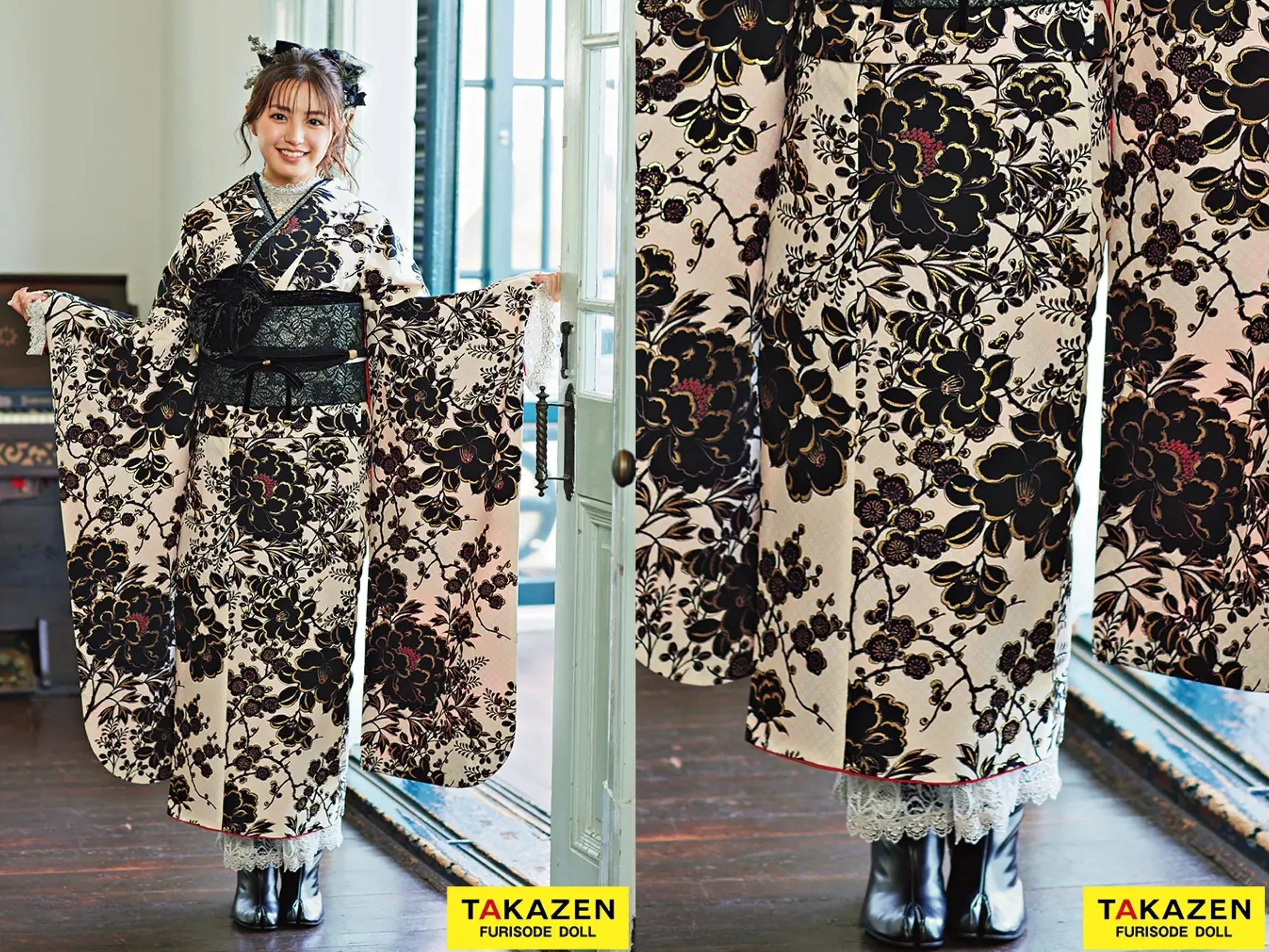 TAKAZEN奈良店　成人式振袖　振袖レンタル奈良　くすみカラーレトロ　黒/ベージュ　梅柄/和柄　大人っぽい　落ち着いた　アンティーク調　大正ロマン　モダン　イマドキ　南琴奈【通販可】25015