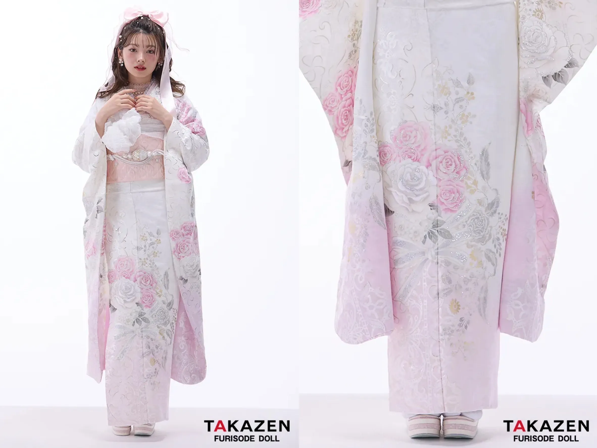 TAKAZEN奈良店　振袖レンタル奈良　最新作ヘップバーンローズ　白/ピンク　バラ柄/リボン柄　かわいい振袖　透明感　リボンアレンジ　キラキラスワロフスキー付き　南琴奈【通販可】26009