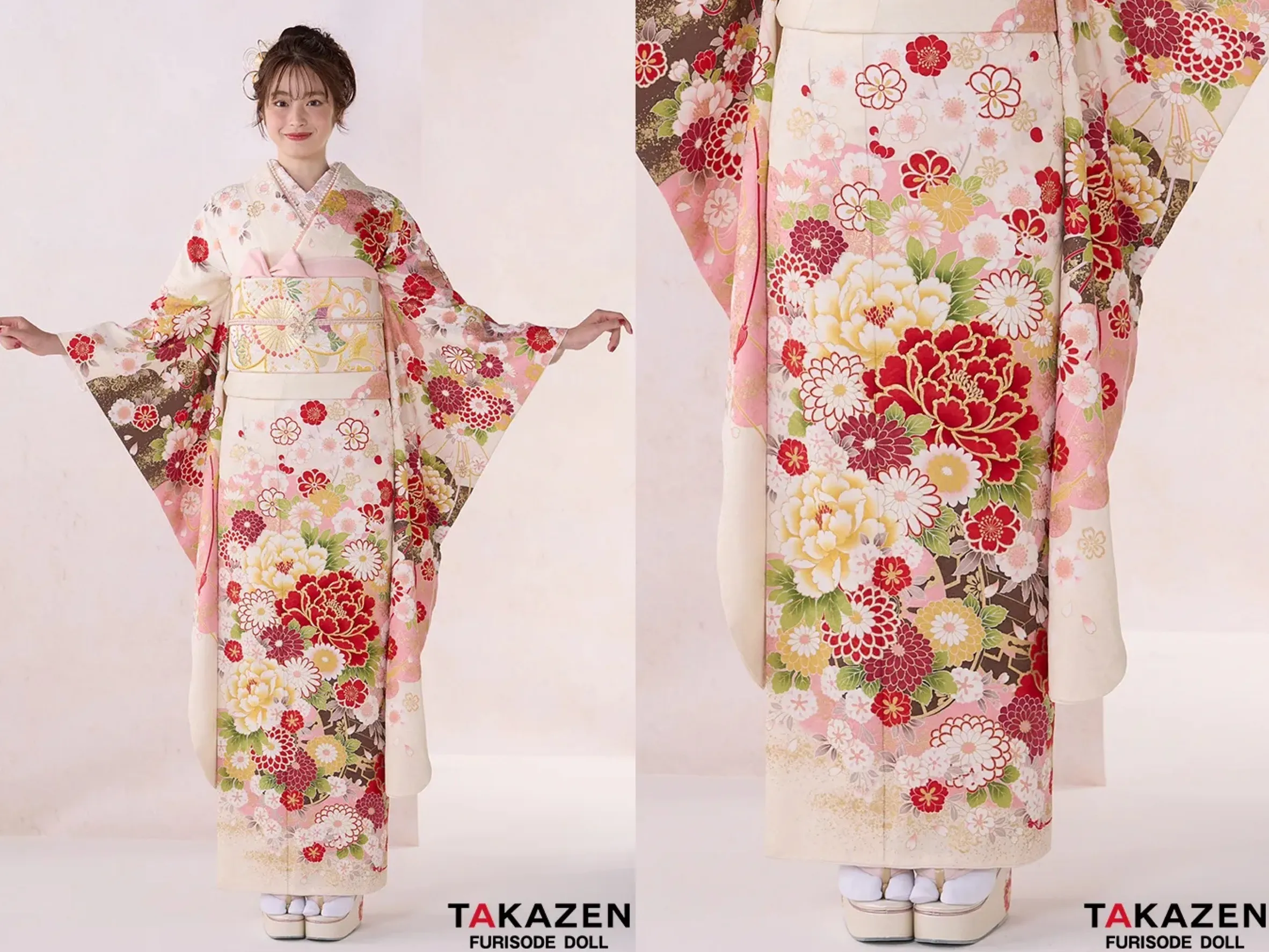 TAKAZEN奈良店　成人式振袖　振袖レンタル奈良　正統派古典　白ピンク　牡丹柄　かわいい振袖　金彩刺繍京友禅　女の子らしい　人気　伝統的　葛西杏也菜【通販可】32051