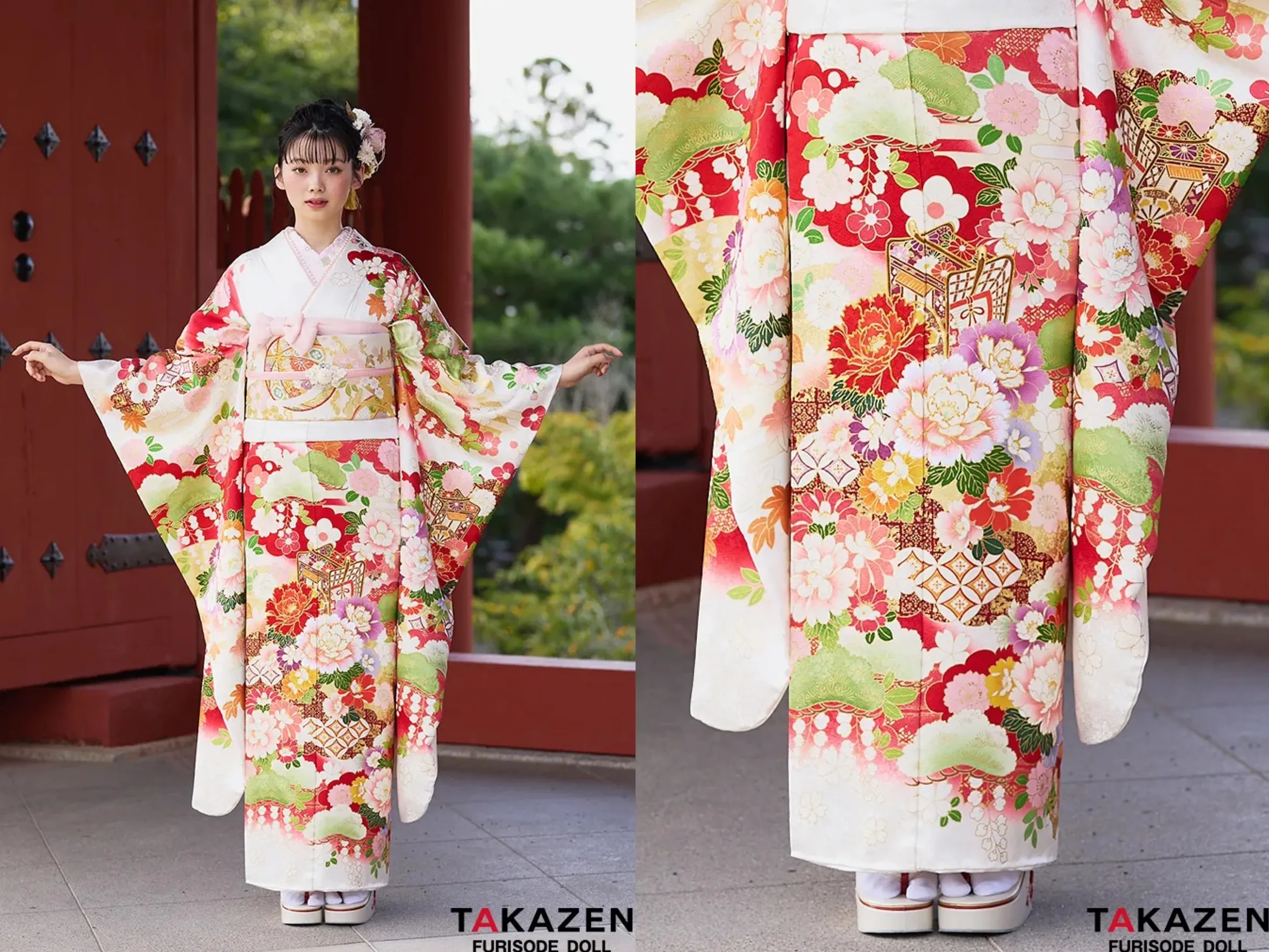 TAKAZEN奈良店　振袖レンタル奈良　成人式振袖　最新作正統派古典　白/赤　御所車柄/牡丹柄　吉澤織物/最高級金彩手描友禅　おしとやか　はんなり　上品　高級振袖　南琴奈【通販可】26016