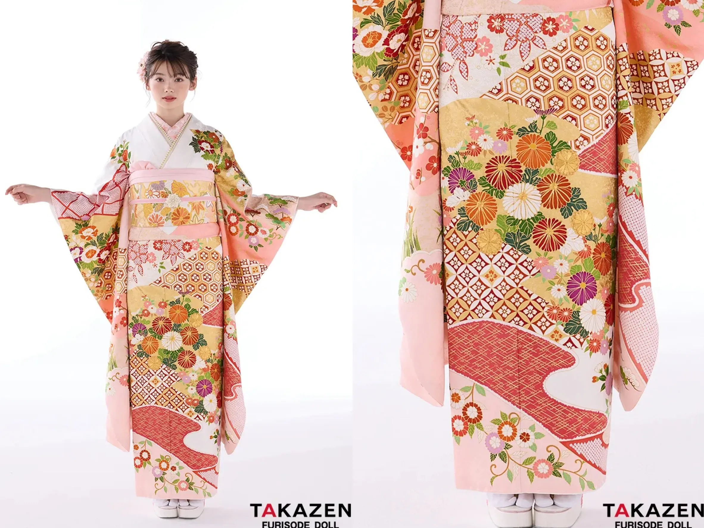 TAKAZEN奈良店　振袖レンタル奈良　成人式振袖　最高級古典柄振袖　吉澤織物/最高級染繍桶絞り友禅　サーモンピンク/白/金　菊柄/吉祥文様　かわいい　南琴奈【通販可】25036