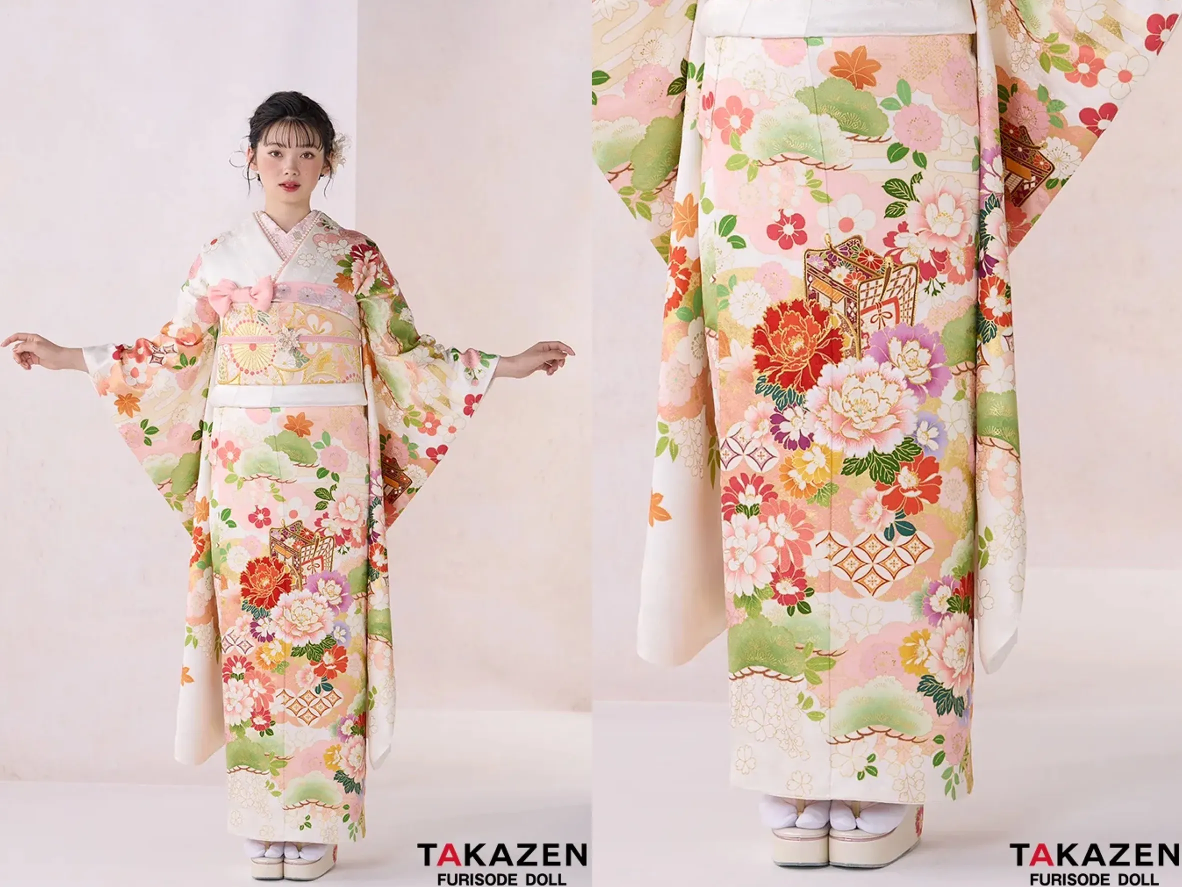 TAKAZEN奈良店　振袖振袖レンタル奈良　成人式振袖　正統派古典　白/ピンク　御所車柄/牡丹柄　吉澤織物/最高級金彩手描友禅　上品　綺麗　かわいい　清楚　柄小さめ【通販可】25057
