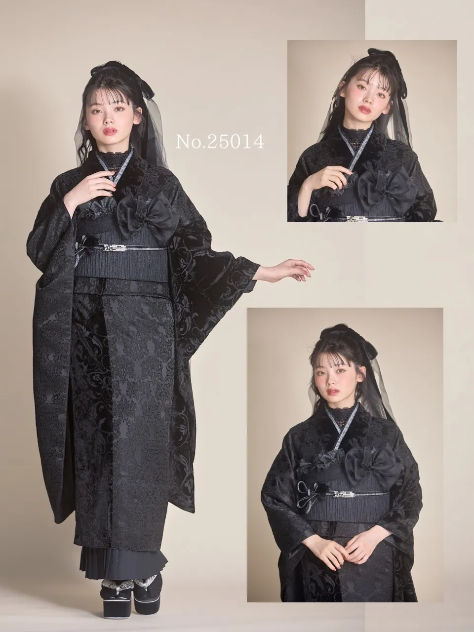 無地振袖　カワイイ　ベルベット　ジャガード　黒色　猫　成人式