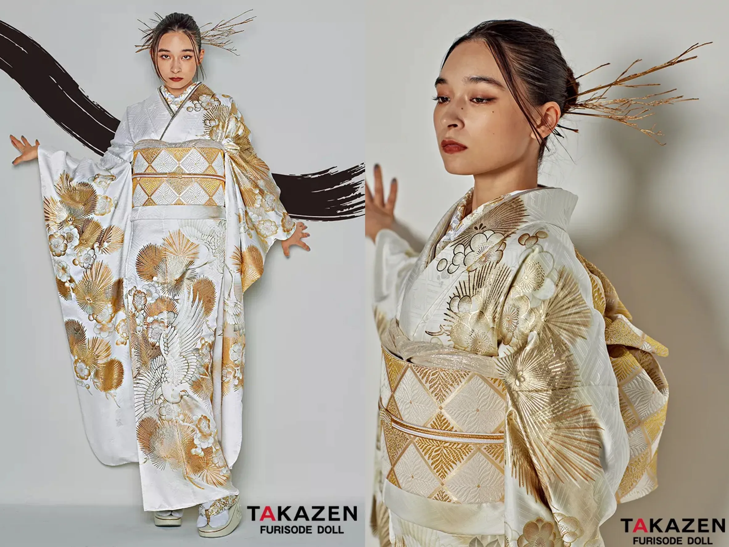 振袖　レンタル　奈良　粋古典　白/金/ゴールド　鶴柄/針松　シック　かっこいい　大人っぽい　金彩京友禅