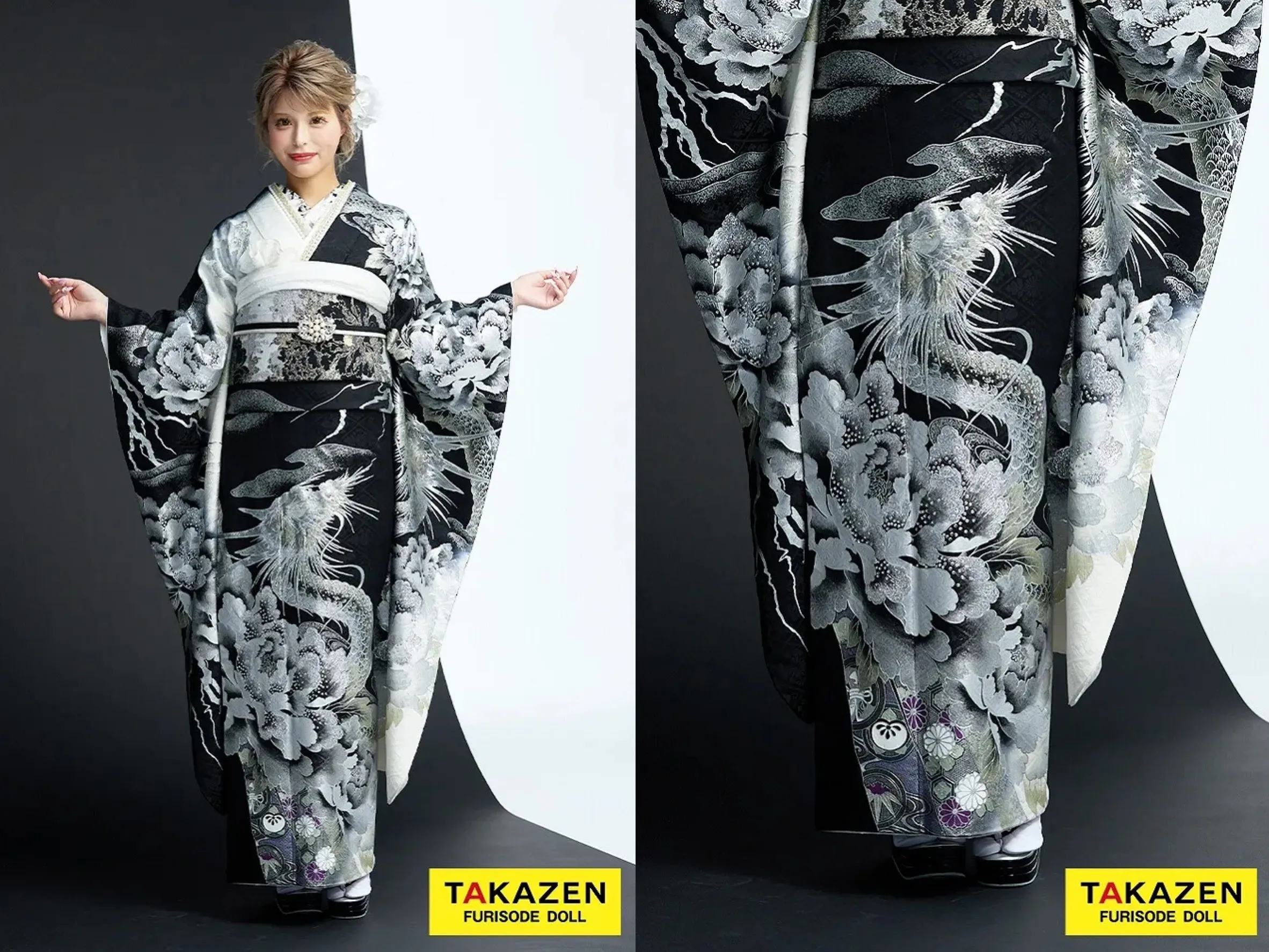 振袖　レンタル　奈良　帯　可愛い　アレンジ　華やか　綺麗　ジャパンモード　黒/シルバー(銀色)　本物龍柄一番人気　目立つ　オリジナル　派手　ギラギラ　いかつい　今井アンジェリカ【通販可】21045
