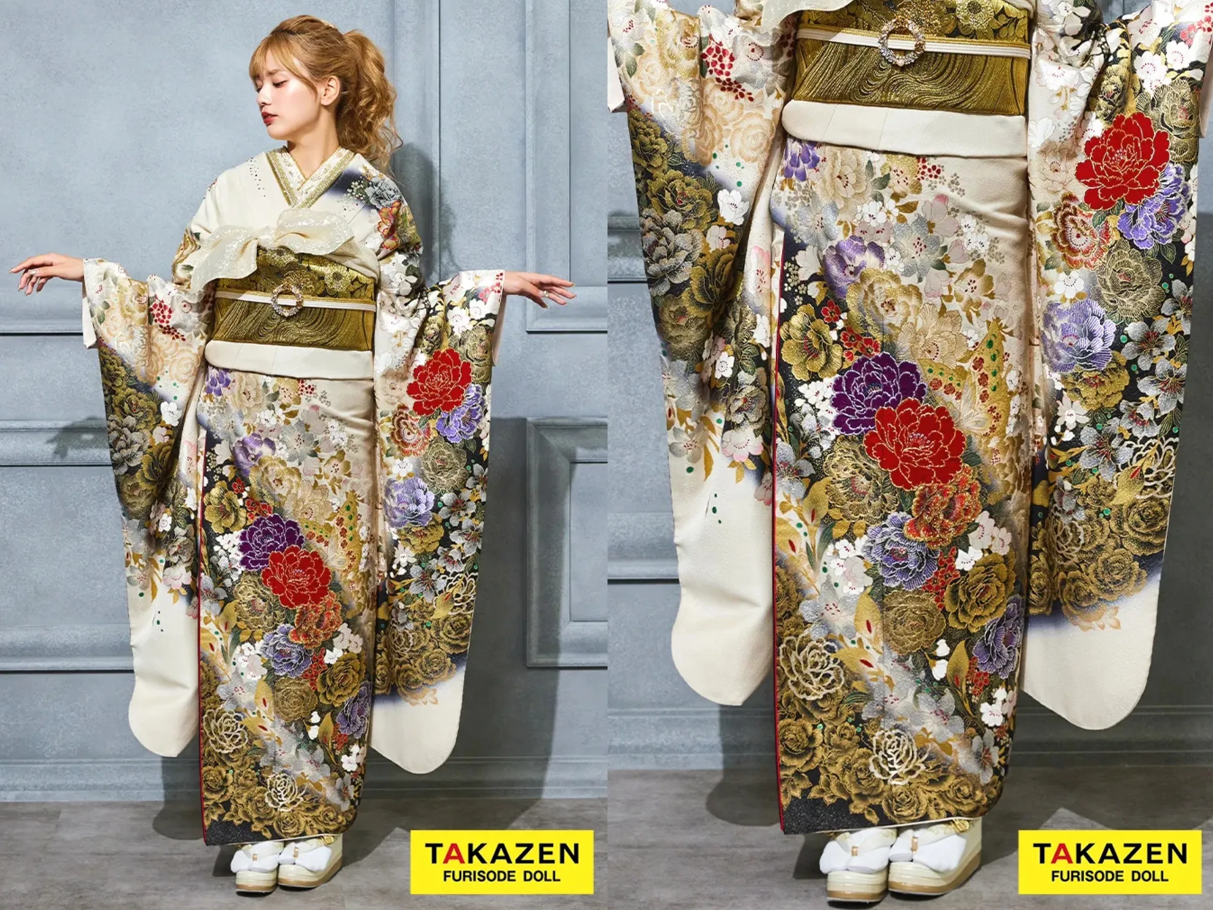 TAKAZEN奈良店　振袖レンタル奈良　木津川市　レンタル奈良　格安モード系　白/金　牡丹柄　桂由美デザイン振袖　かっこいい　派手　目立つ　渋い　キラキラスワロフスキー付き【通販可】32122