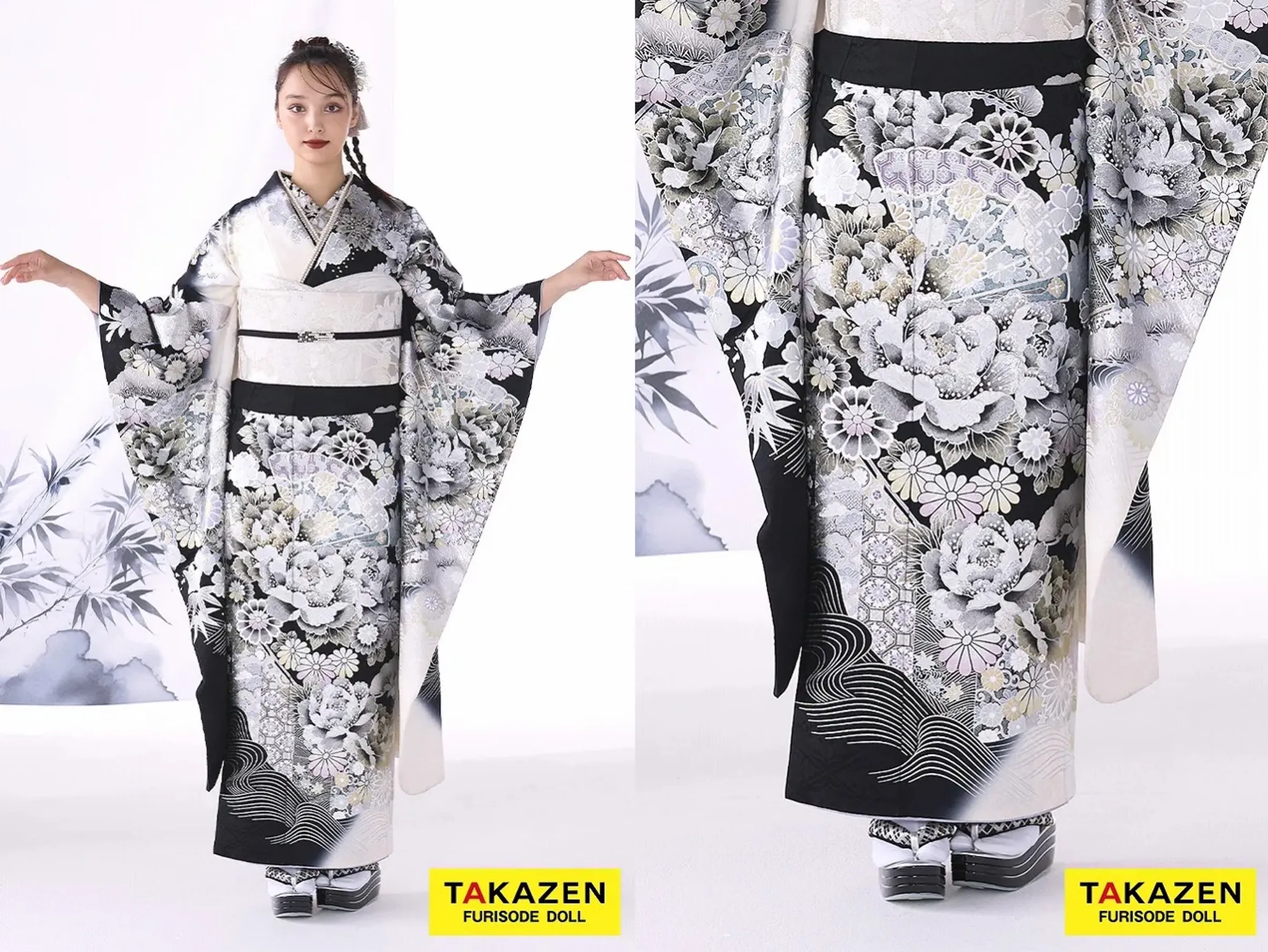 奈良　振袖レンタル　粋古典　シルバー/白黒　扇面柄/牡丹柄　最高級金彩刺繍友禅　かっこいい　大人っぽい振袖　キラキラスワロフスキー付き　目立つ　香川るな