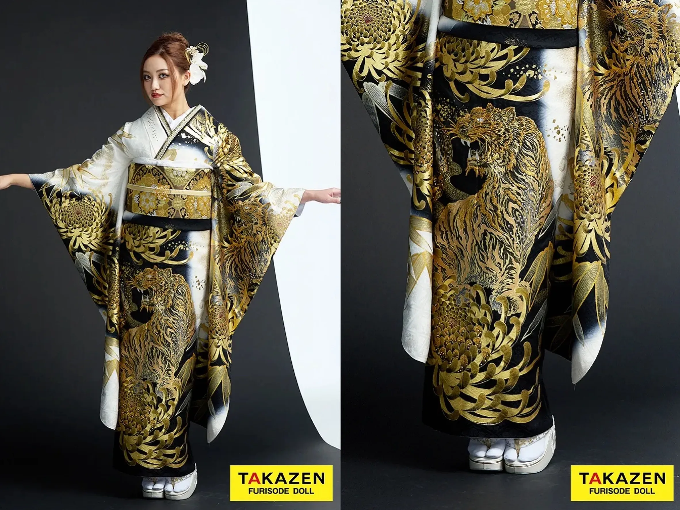 振袖　レンタル　奈良　帯　可愛い　アレンジ　華やか　綺麗　ジャパンモード　黒/シルバー(銀色)　本物龍柄一番人気　目立つ　オリジナル　派手　ギラギラ　いかつい　今井アンジェリカ【通販可】21045　ジャパンモード　白/黒/ゴールド(金色)　本家トラ柄　一番派手　絶対目立つ振袖　ゴージャス　スワロフスキー付き　いかつい　中村りおん【通販可】22042