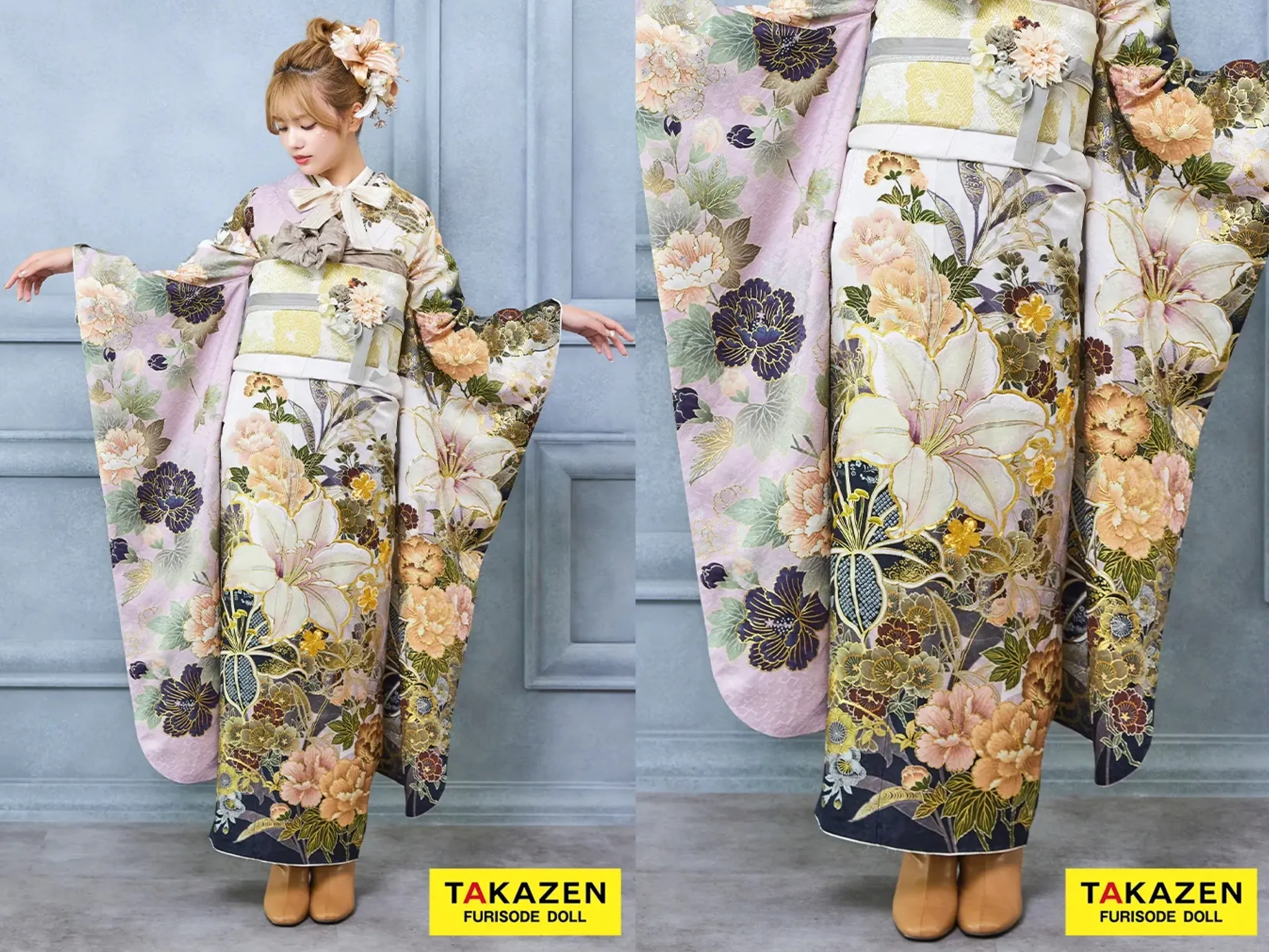 TAKAZEN奈良店　振袖レンタル奈良　成人式　木津川市　格安くすみカラー古典　ダスティーピンク　ユリ柄　大柄　ブーツスタイル　お洒落【通販可】23032