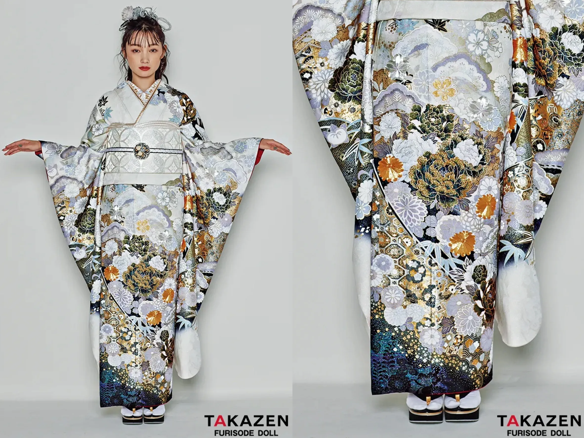 振袖　レンタル　奈良　粋古典　白/グレー/金　牡丹柄　シック　白地　渋い振袖　大人っぽい　花魁風　かっこいい　煌びやか