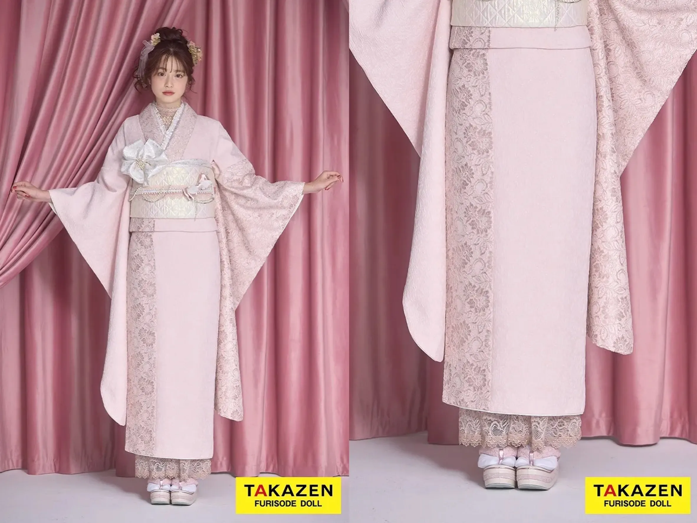奈良振袖レンタル　最新作くすみカラーガーリー　ピンク/淡い色　無地　レース/ジャガード生地　かわいい振袖　フェミニン　量産型　レースインナーコーデ　葛西杏也菜