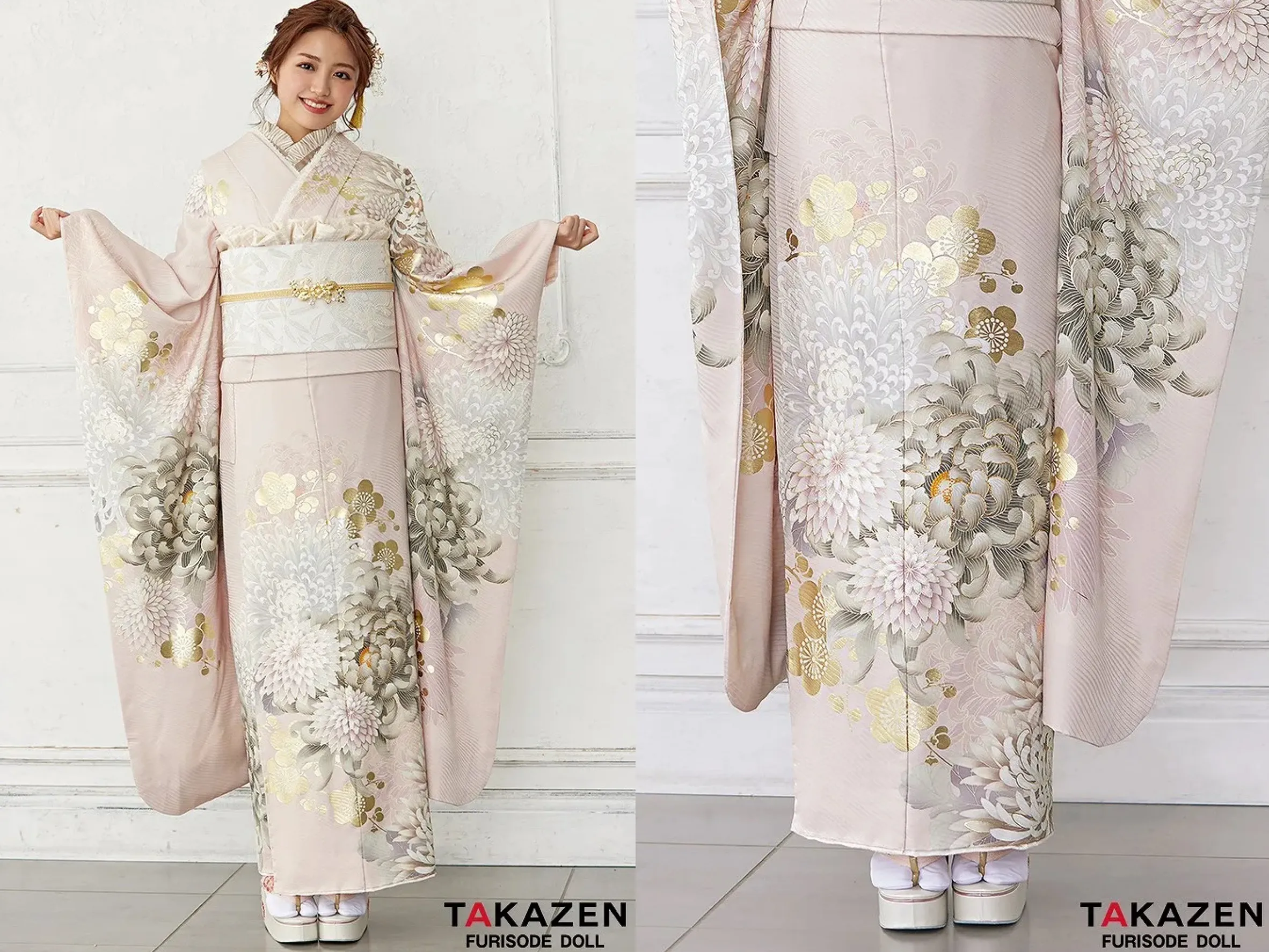 奈良振袖レンタル　くすみカラー古典　淡色/薄ピンク/パステルカラー　乱菊柄/古典柄　かわいらしい振袖　香音(かのん)ちゃん　優しい色