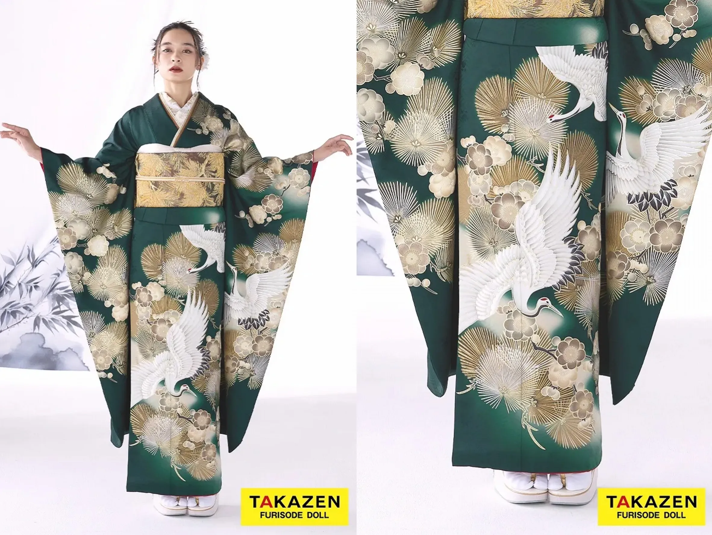 振袖　レンタル　奈良　粋古典　緑/金/グリーン　鶴柄/針松柄　金彩京友禅　かっこいい振袖　大人っぽい　シック　人気　渋い　弓ライカ