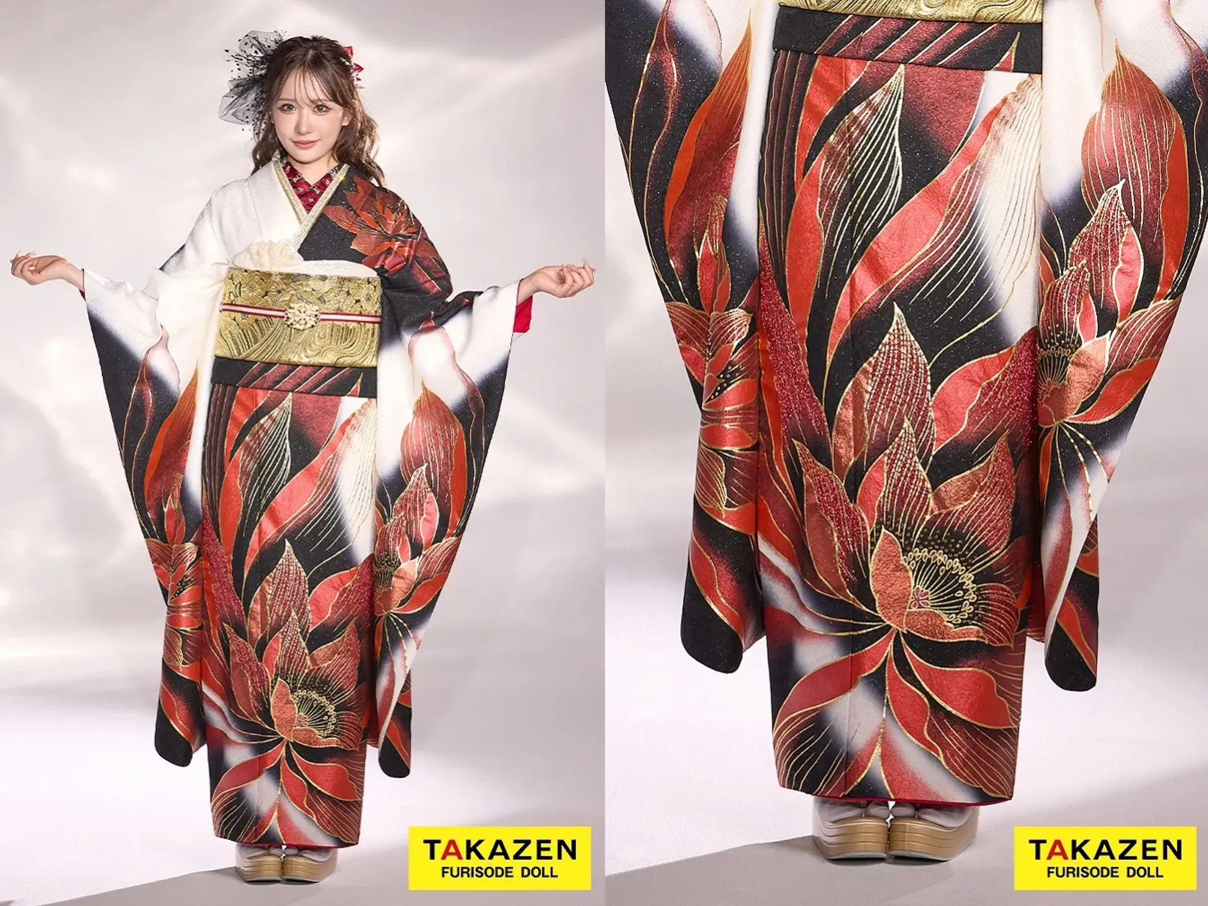 TAKAZEN奈良店　振袖レンタル奈良　関西成人式振袖　モード　赤/黒/白　大柄/牡丹柄　目立つ　グラマラス　ギャル振袖　派手　グラマラス　スパンコール　ゴージャス　伊藤桃々【通販可】24068