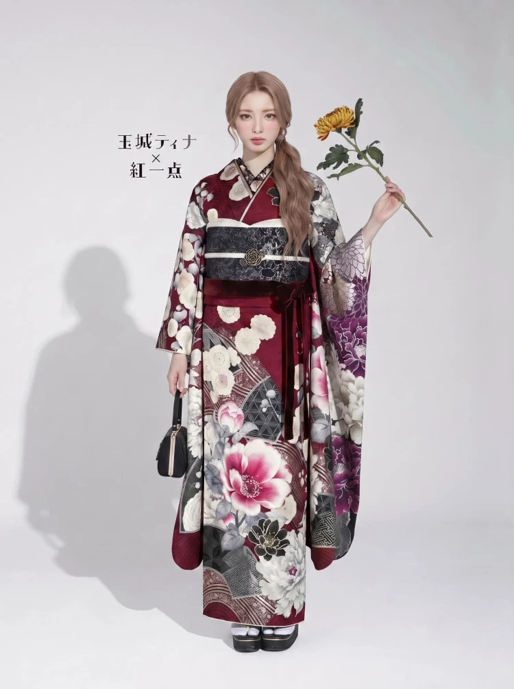 TAKAZENのレンタル振袖 玉城ティナ×紅一点ブランド振袖 ワインレッド/エンジ 牡丹柄/桜柄 王道古典 華やか 大人っぽい 豪華【通販可】K1177
