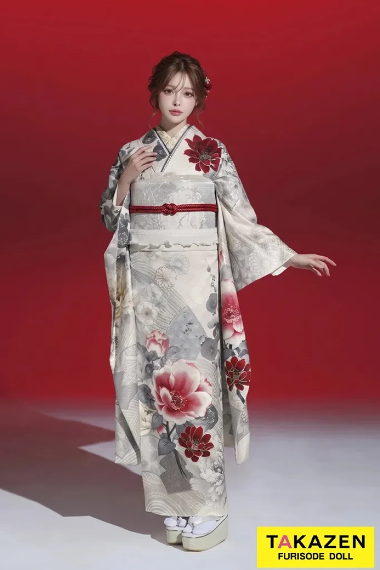 TAKAZENのレンタル振袖 玉城ティナ×紅一点ブランド振袖 白/赤/白ベース 牡丹柄/桜柄 すっきり 上品 大人っぽい 綺麗【通販可】K1178