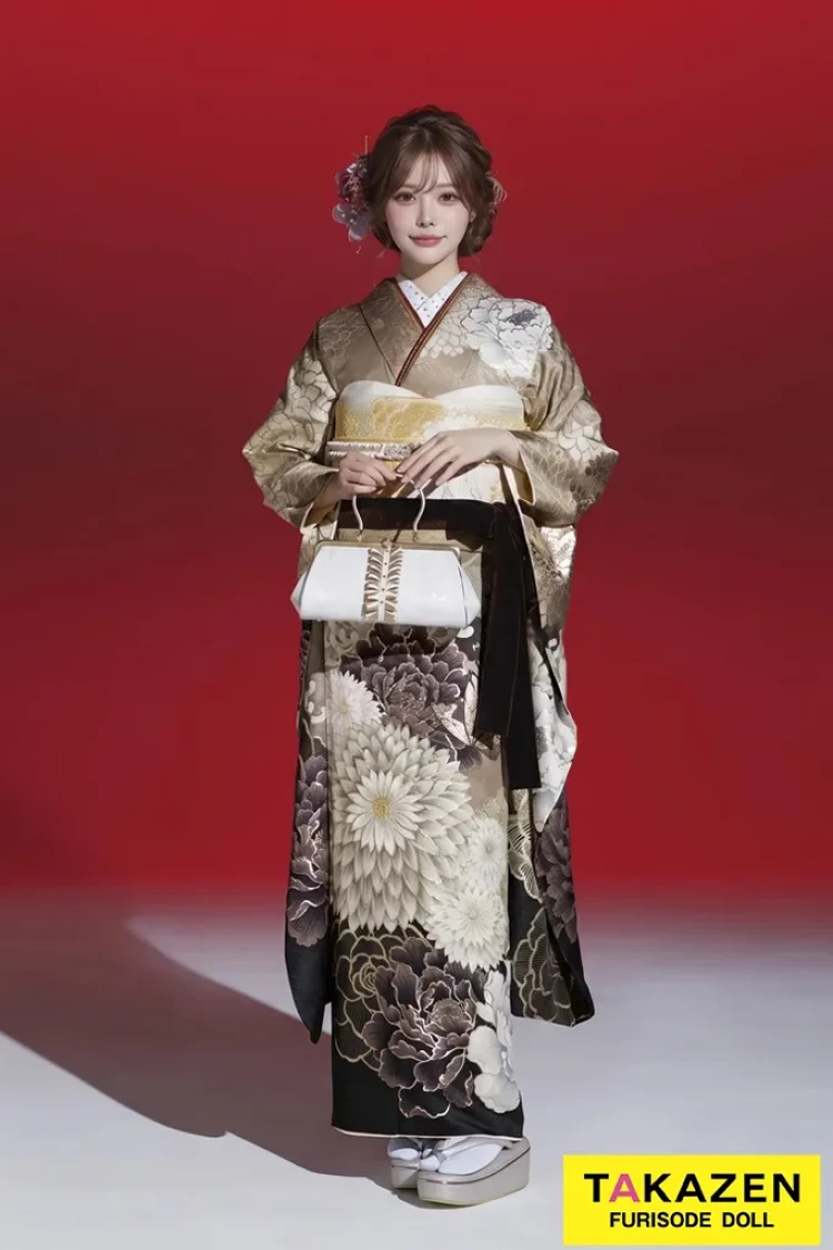 TAKAZENのレンタル振袖 玉城ティナ×紅一点ブランド振袖 ベージュ/ダスティーカラー 大柄/乱菊 大人っぽい 古典柄 おしゃれ【通販可】K1182