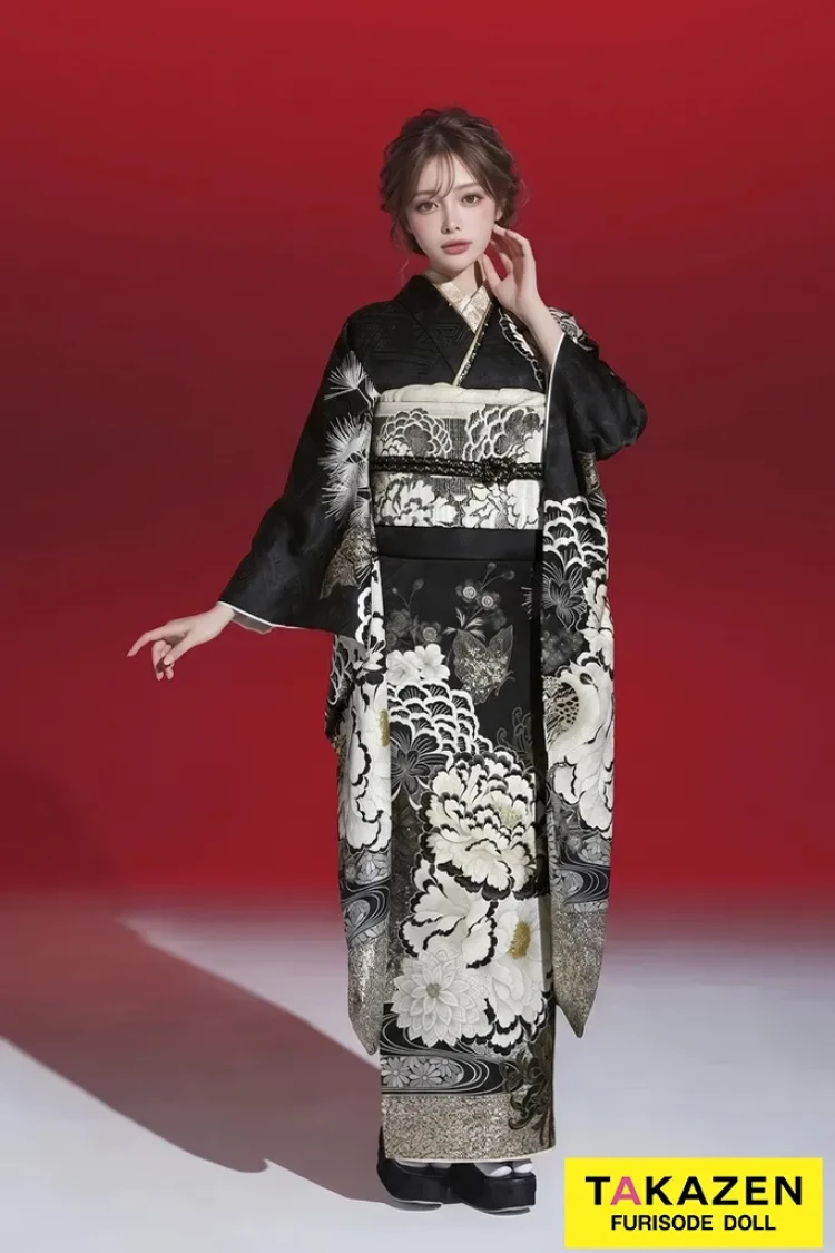 TAKAZENのレンタル振袖 玉城ティナ×紅一点ブランド振袖 黒 牡丹柄/流水模様 大人っぽい シック かっこいい 辛口コーデ【通販可】K1185