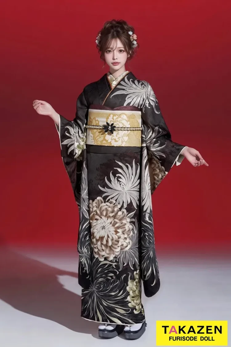TAKAZENのレンタル振袖 玉城ティナ×紅一点ブランド振袖 ダークブラウン/ダスティーカラー 乱菊/大柄 個性的 大人っぽい 垢抜け【通販可】K1187