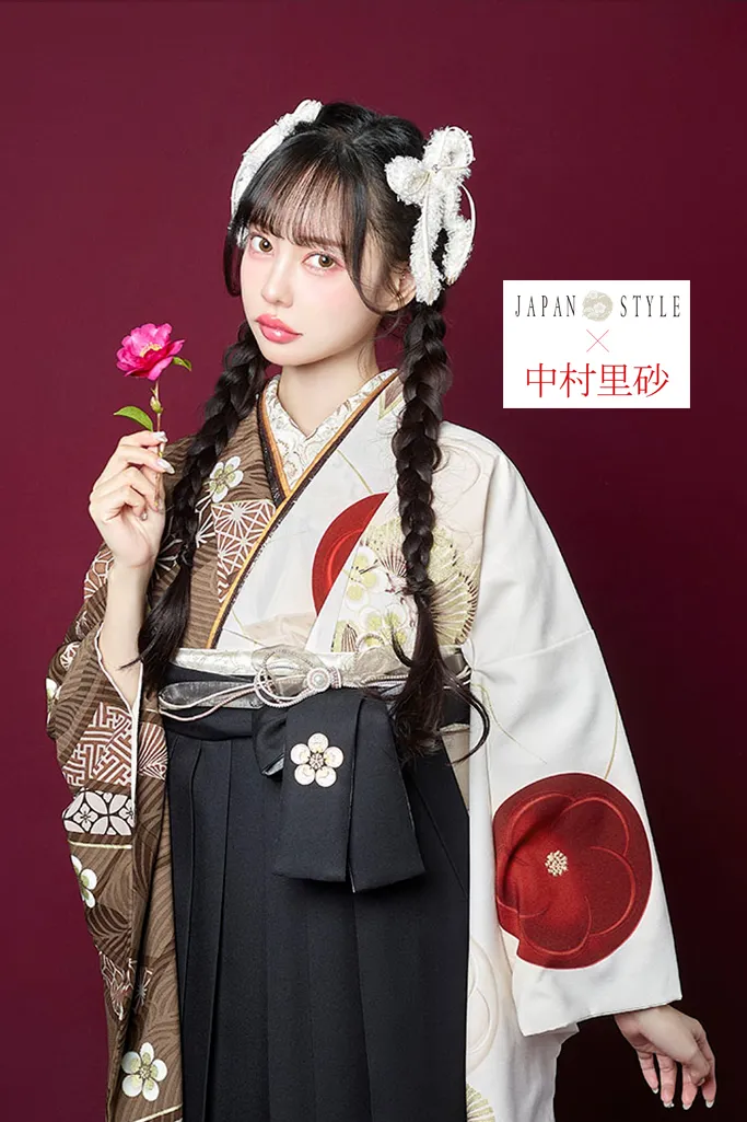TAKAZENのレンタル袴 JAPAN STYLE×中村里砂ブランド袴　ブラウン/オフホワイト　肩身替り/梅丸紋　シンプル　古典柄　モダン　清楚　【通販可】R26039