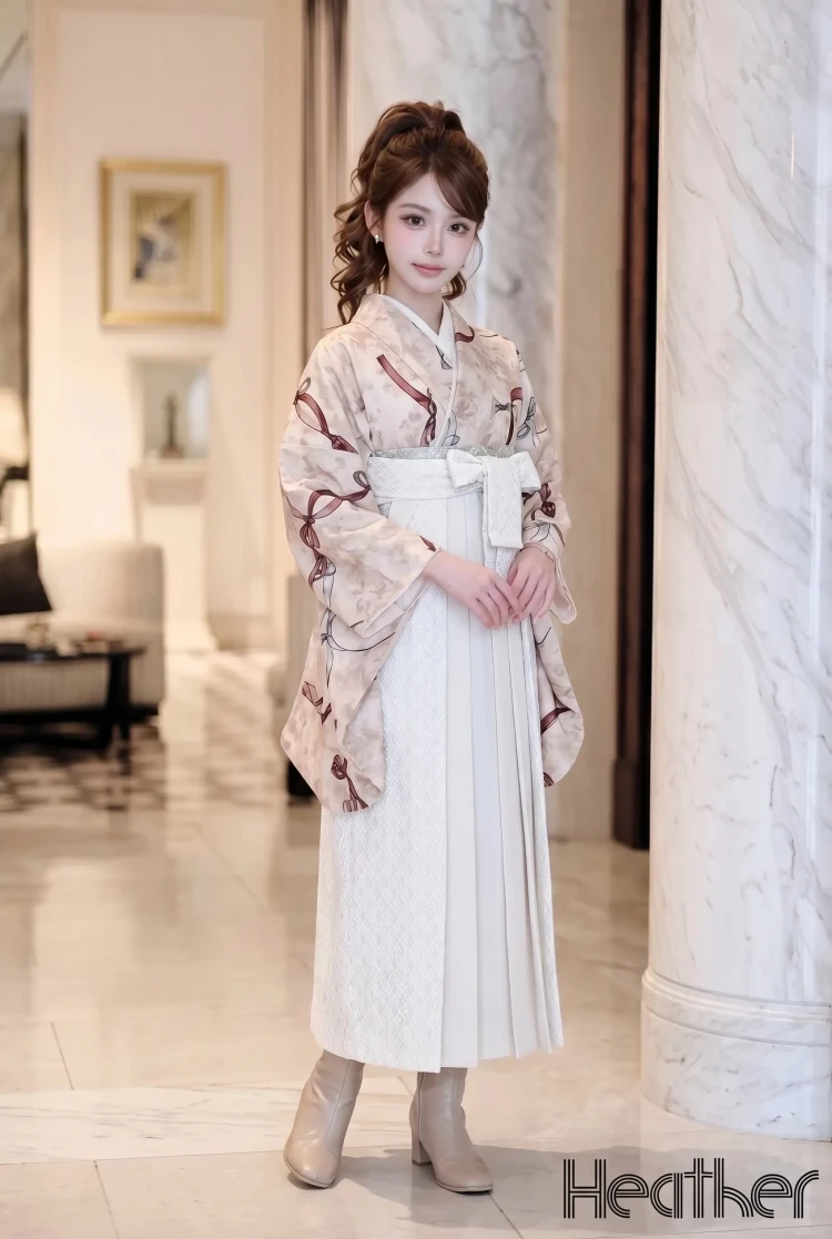 TAKAZENのレンタル袴 Heatherブランド袴　ピンク　リボン柄　アンティーク調　控えめ　かわいい系　くすみカラー　レース素材袴【通販可】R26041