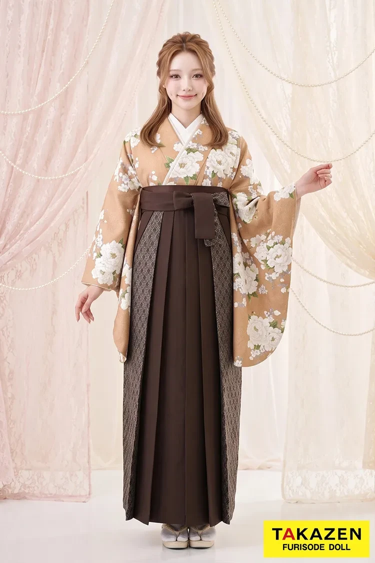 TAKAZENのレンタル袴 Heatherブランド袴　テラコッタ　牡丹柄　アンティーク調　上品　古典柄　おしとやか　レース素材袴【通販可】R26043