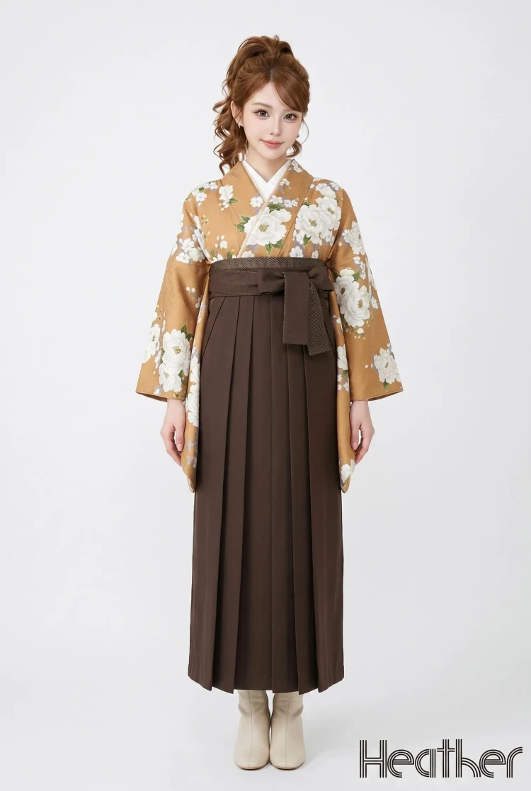 TAKAZENのレンタル袴 Heatherブランド袴　テラコッタ　牡丹柄　アンティーク調　上品　古典柄　おしとやか　レース素材袴【通販可】R26043