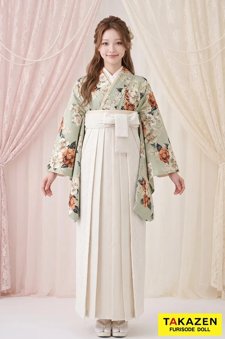 TAKAZENのレンタル袴 Heatherブランド袴 ミントグリーン 椿柄 アンティーク調 かわいい フェミニン おしとやか レース素材袴【通販可】R26044