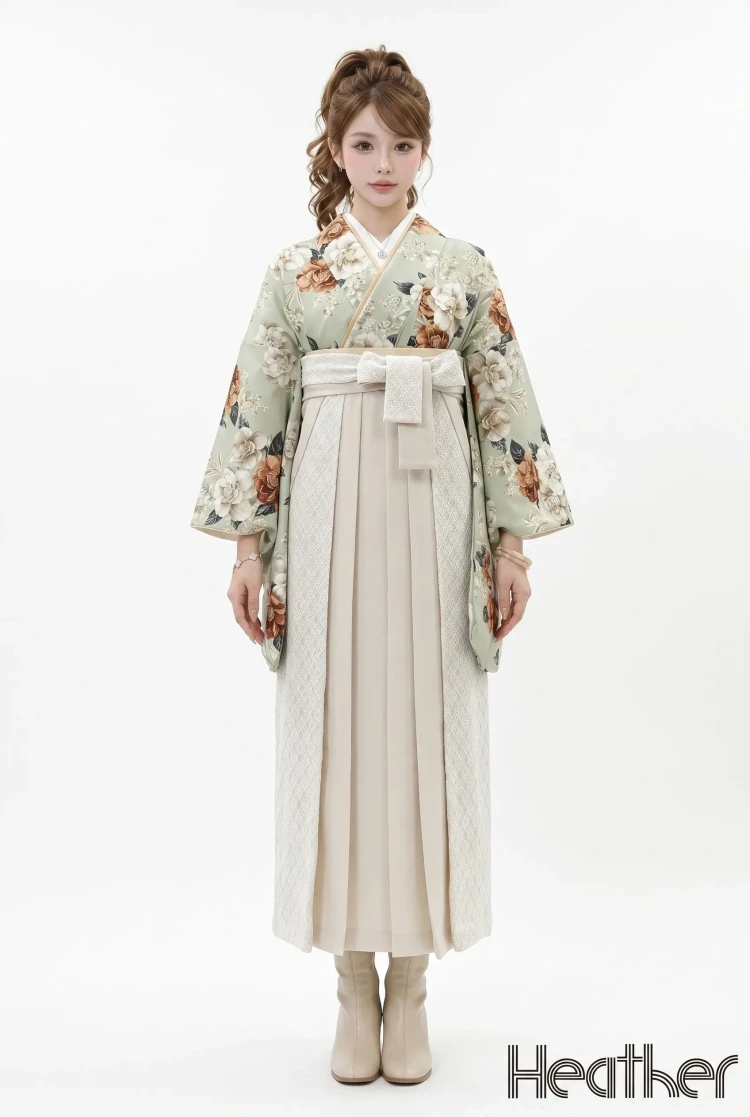 TAKAZENのレンタル袴 Heatherブランド袴　ミントグリーン　椿柄　アンティーク調　かわいい　フェミニン　おしとやか　レース素材袴【通販可】R26044