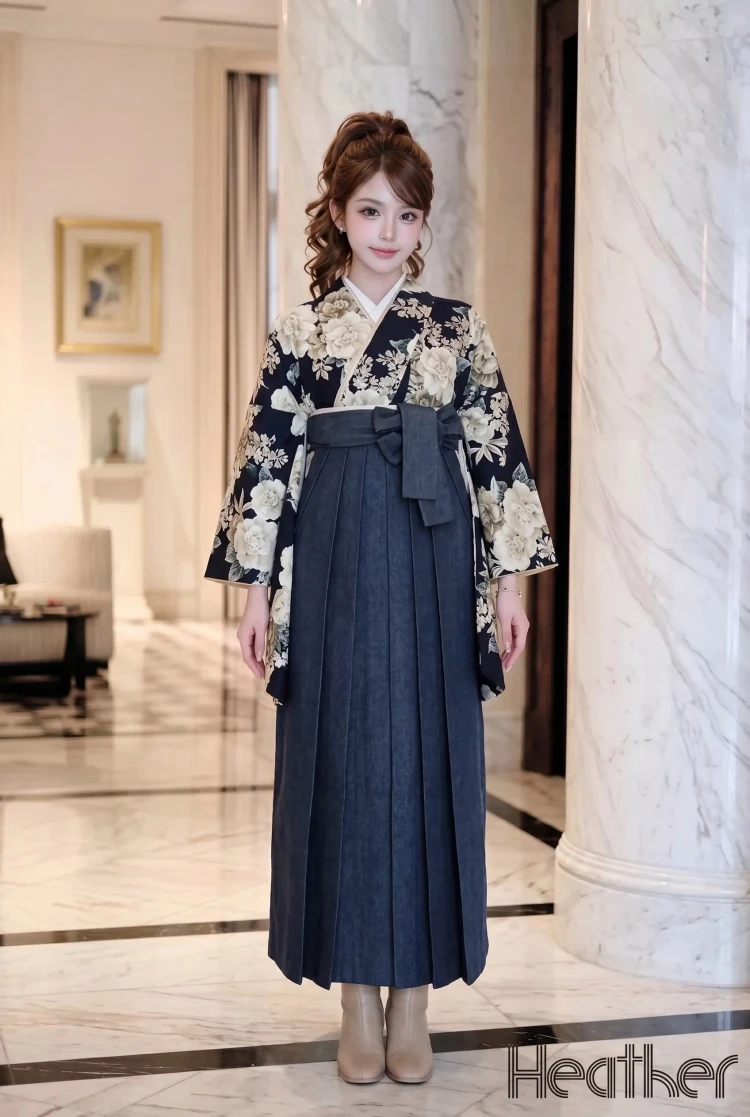 TAKAZENのレンタル袴 Heatherブランド袴　ネイビー　椿柄　ガーリー　かわいい　おしゃれ　デニム素材袴　ブーツスタイル【通販可】R26045