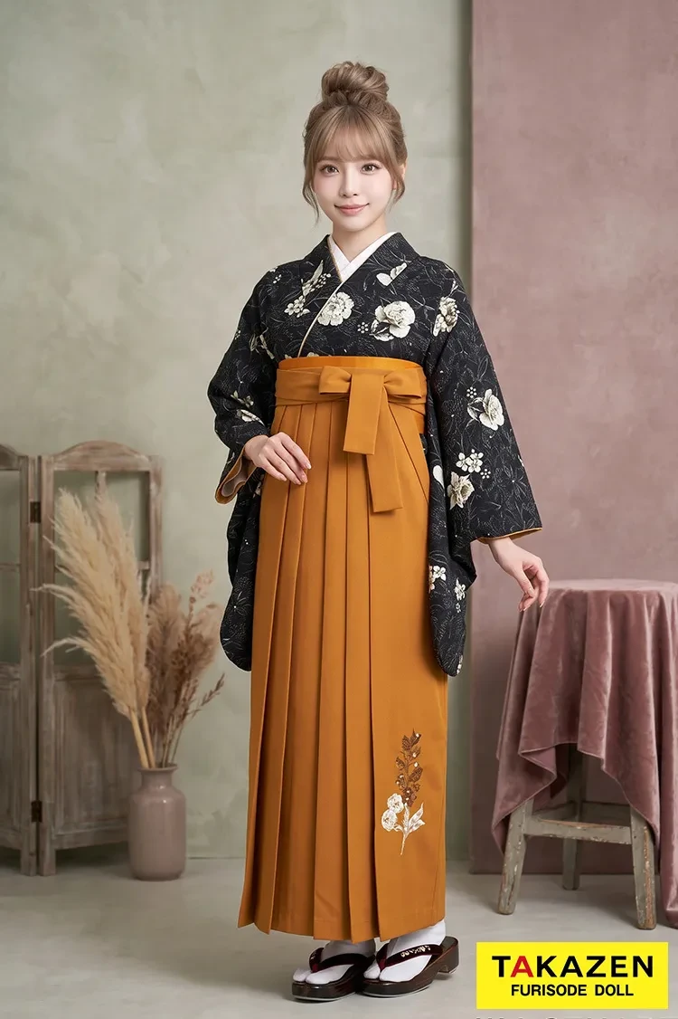 TAKAZENのレンタル袴 JILL STUARTブランド袴 ブラック フルール 大人っぽい かっこいい ブーツスタイル 洋風 きれいめ【通販可】R26050