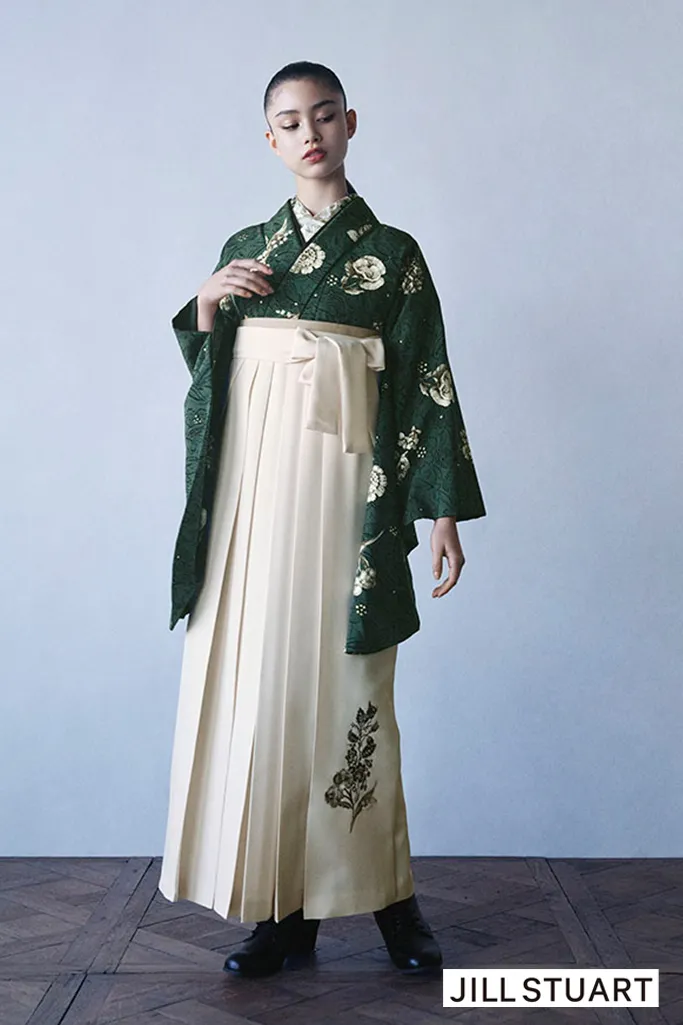 TAKAZENのレンタル袴 JILL STUARTブランド袴　グリーン　フルール　大人っぽい　上品　ブーツスタイル　洋風　きれいめ【通販可】R26051