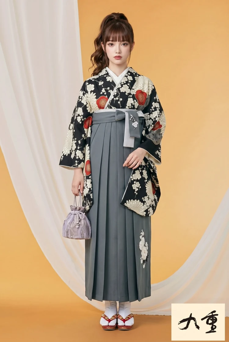TAKAZENのレンタル袴 九重ブランド袴　黒　梅柄　モダン　古典柄　清楚　上品　きれいめ　大人っぽい　ベレー帽【通販可】R26052
