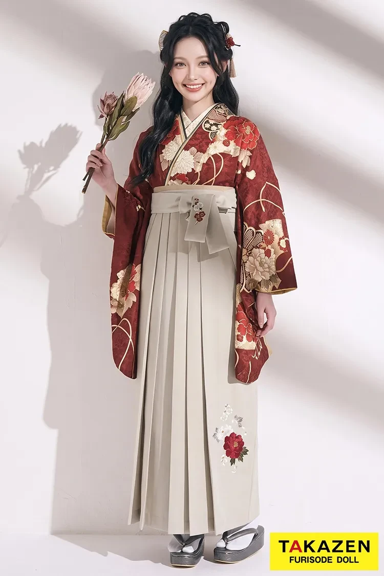 TAKAZENのレンタル袴 九重ブランド袴 エンジ 牡丹柄 モダン 古典柄 華やか きれいめ 大人っぽい 古風 大正ロマン【通販可】R26053