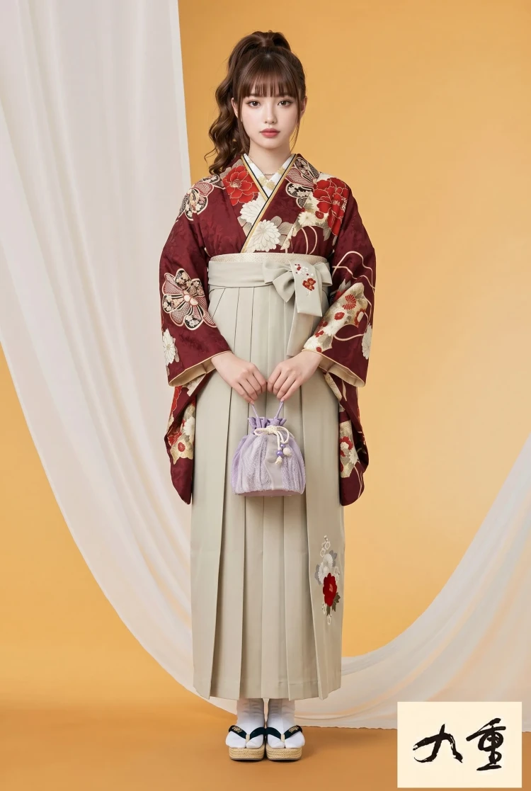 TAKAZENのレンタル袴 九重ブランド袴　エンジ　牡丹柄　モダン　古典柄　華やか　きれいめ　大人っぽい　古風　大正ロマン【通販可】R26053