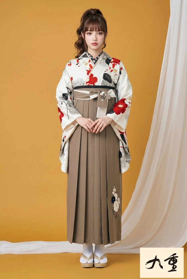 TAKAZENのレンタル袴 九重ブランド袴　白/赤　椿柄　古典柄　華やか　きれい系　大人っぽい　清楚　大正ロマン　王道【通販可】R26055