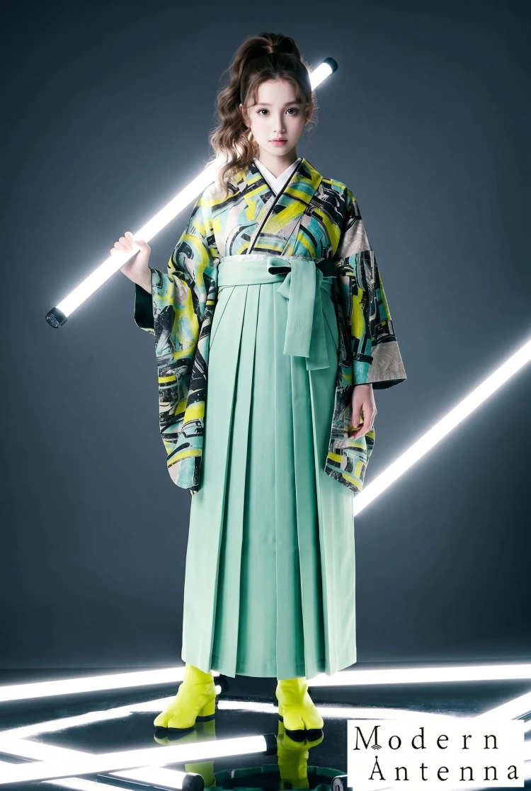 TAKAZENのレンタル袴 モダンアンテナブランド袴　水色/グレー/蛍光色　お洒落　人とかぶらない　個性的　レトロ　ポップ【通販可】R26058