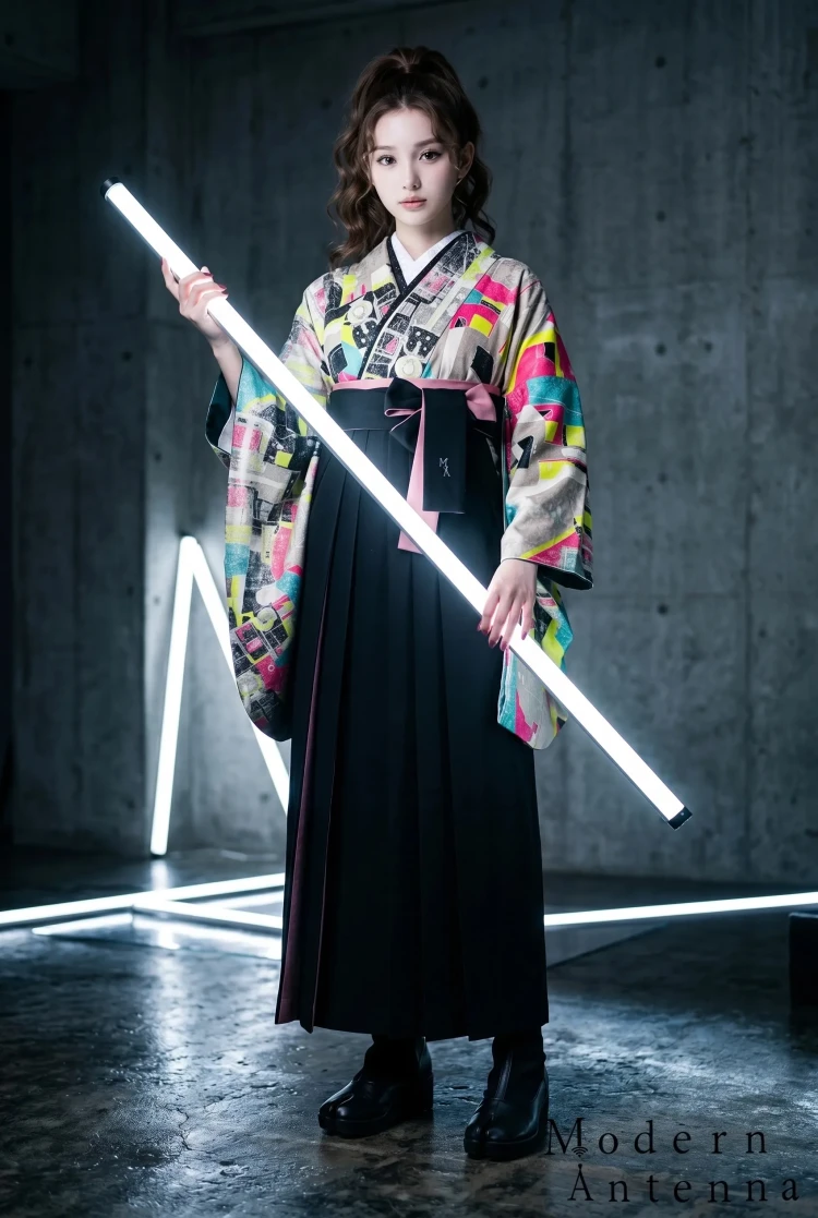 TAKAZENのレンタル袴 モダンアンテナブランド袴　グレー/カラフル　誰とも被らない　目立つ　派手　レトロ　ブーツスタイル【通販可】R26061