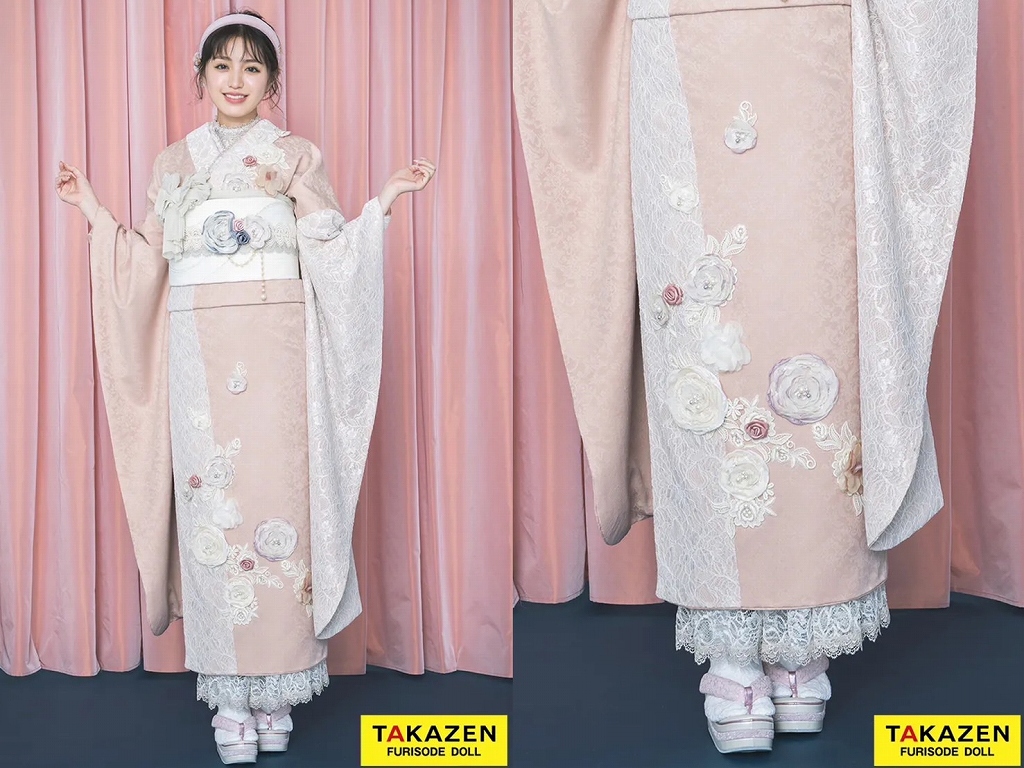 振袖　レンタル　奈良　ヘップバーンミニョン　ピンクベージュ　立体花　フレンチガーリー　おしゃれ　かわいい　誰ともかぶらない　レースインナー/ブーツコーデ　香音【通販可】24008